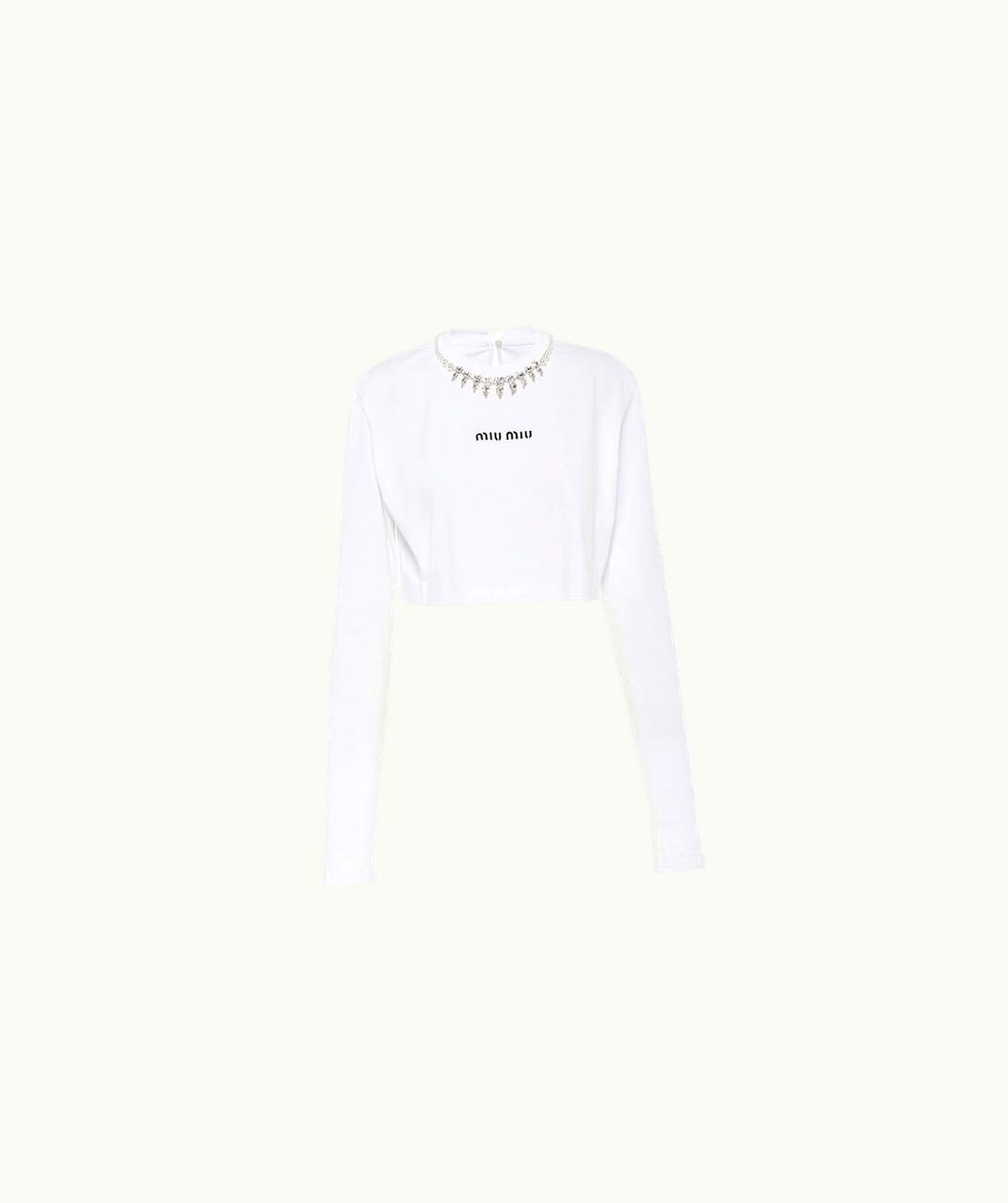 Miu Miu Miu Miu Long-Sleeved Cotton Jersey T-Shirt With Crystals