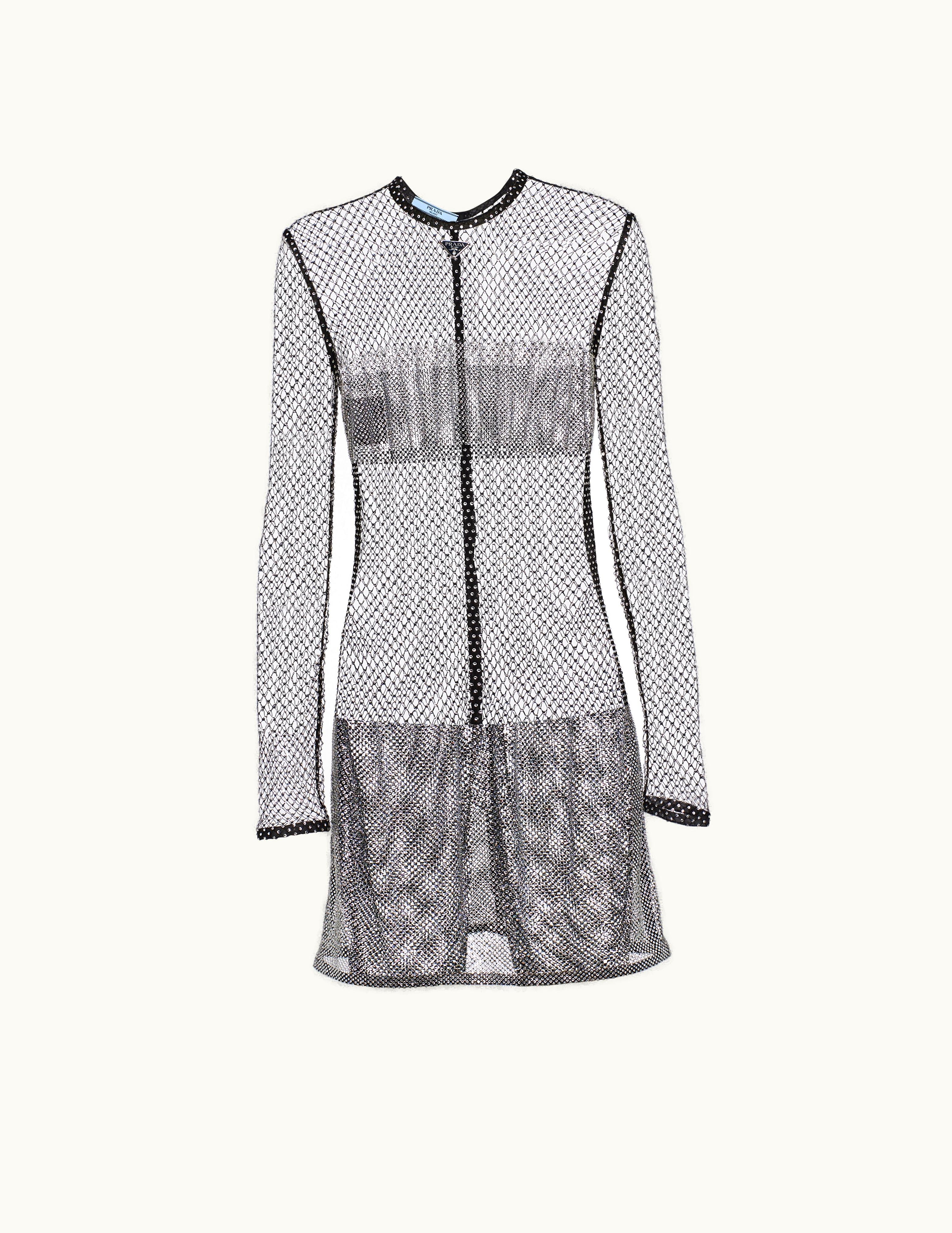 Prada Prada Embroidered Rhinestone Mesh Mini-Dress
