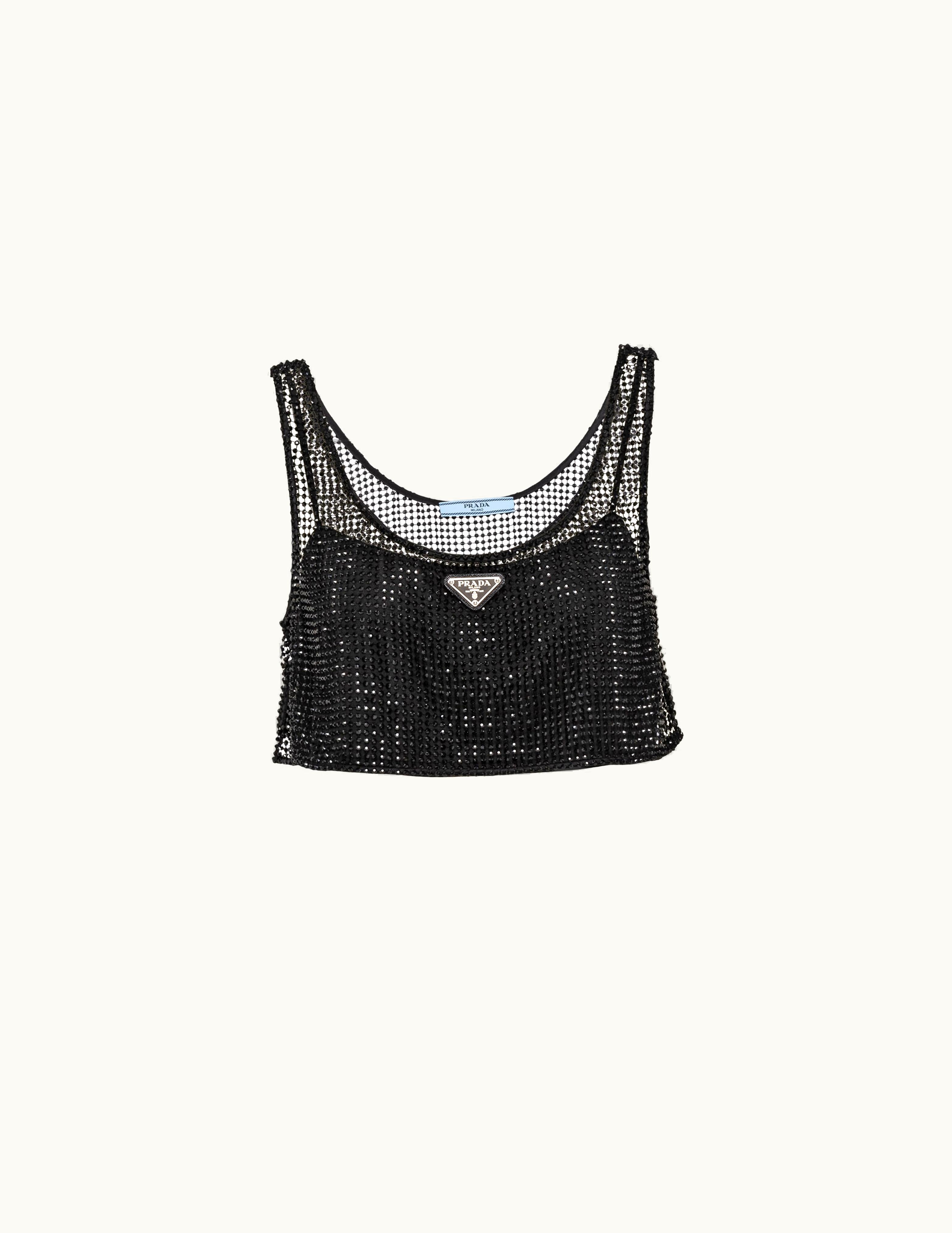 Prada Prada Rhinestone Embroidered Mesh Top