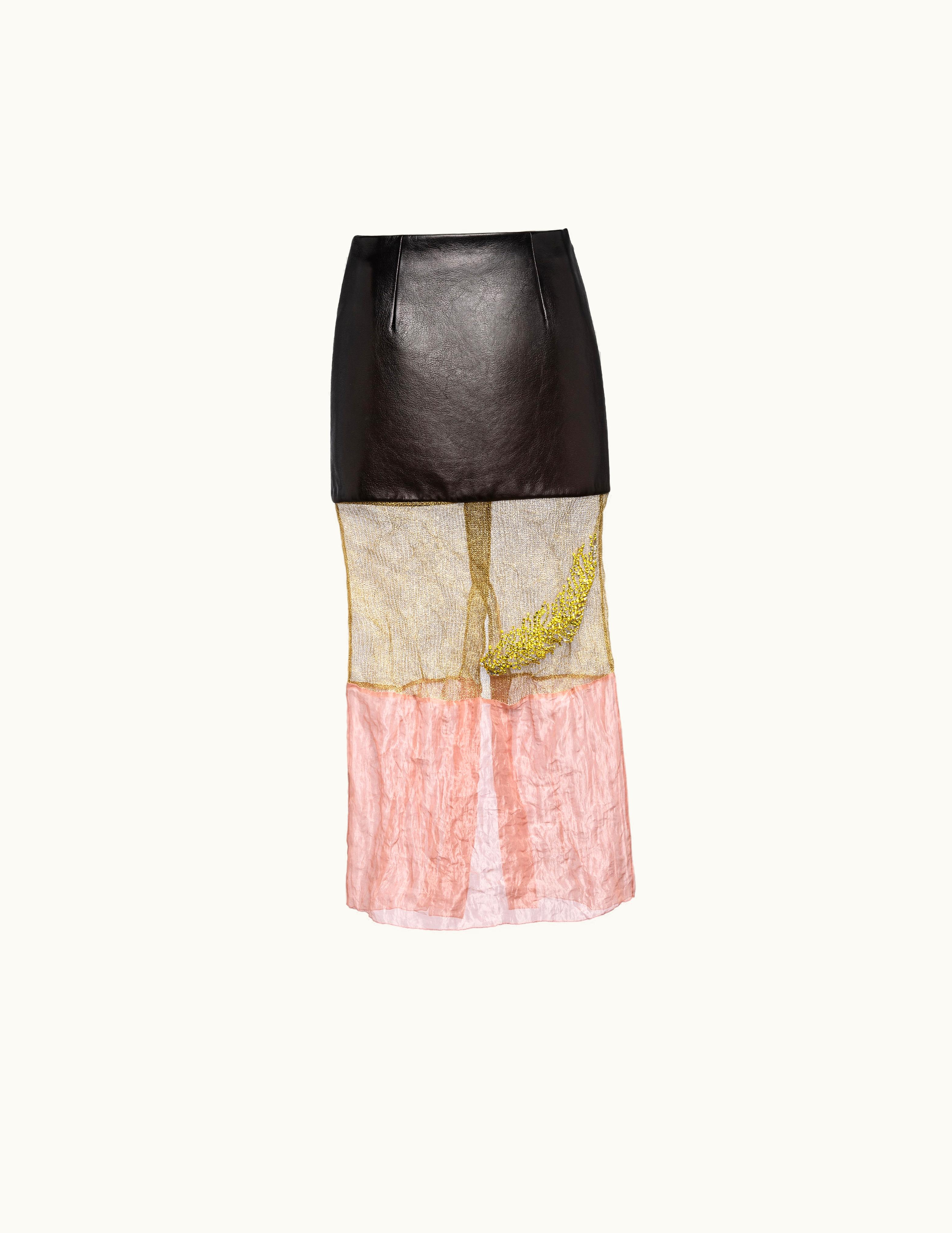 Prada Prada Embroidered Mesh And Leather Midi-Skirt