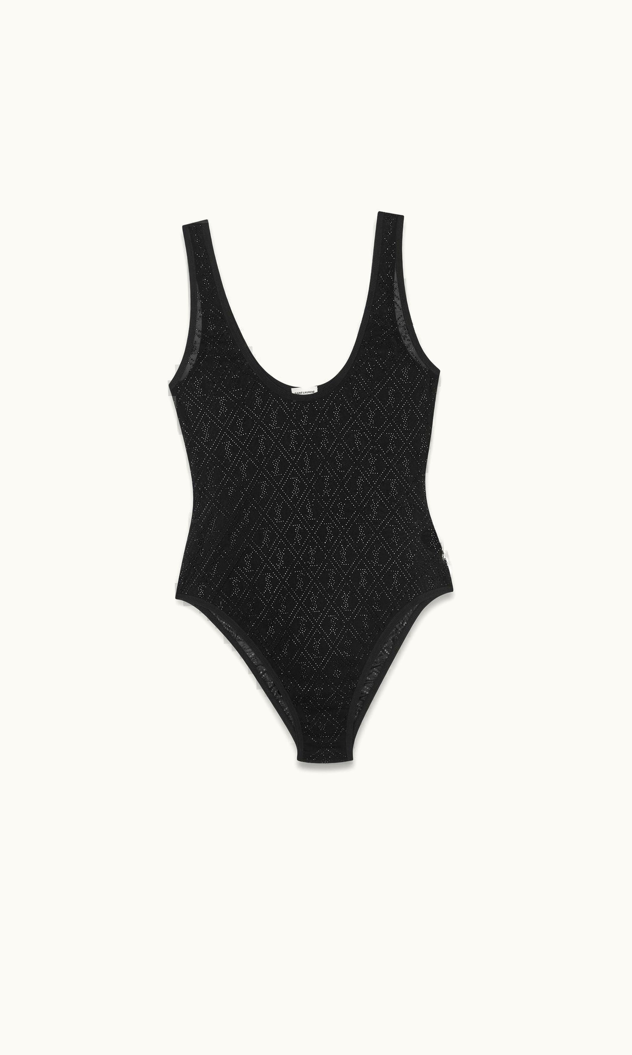 Saint Laurent Cassandre Bodysuit In Tulle Jersey And Rhinestones