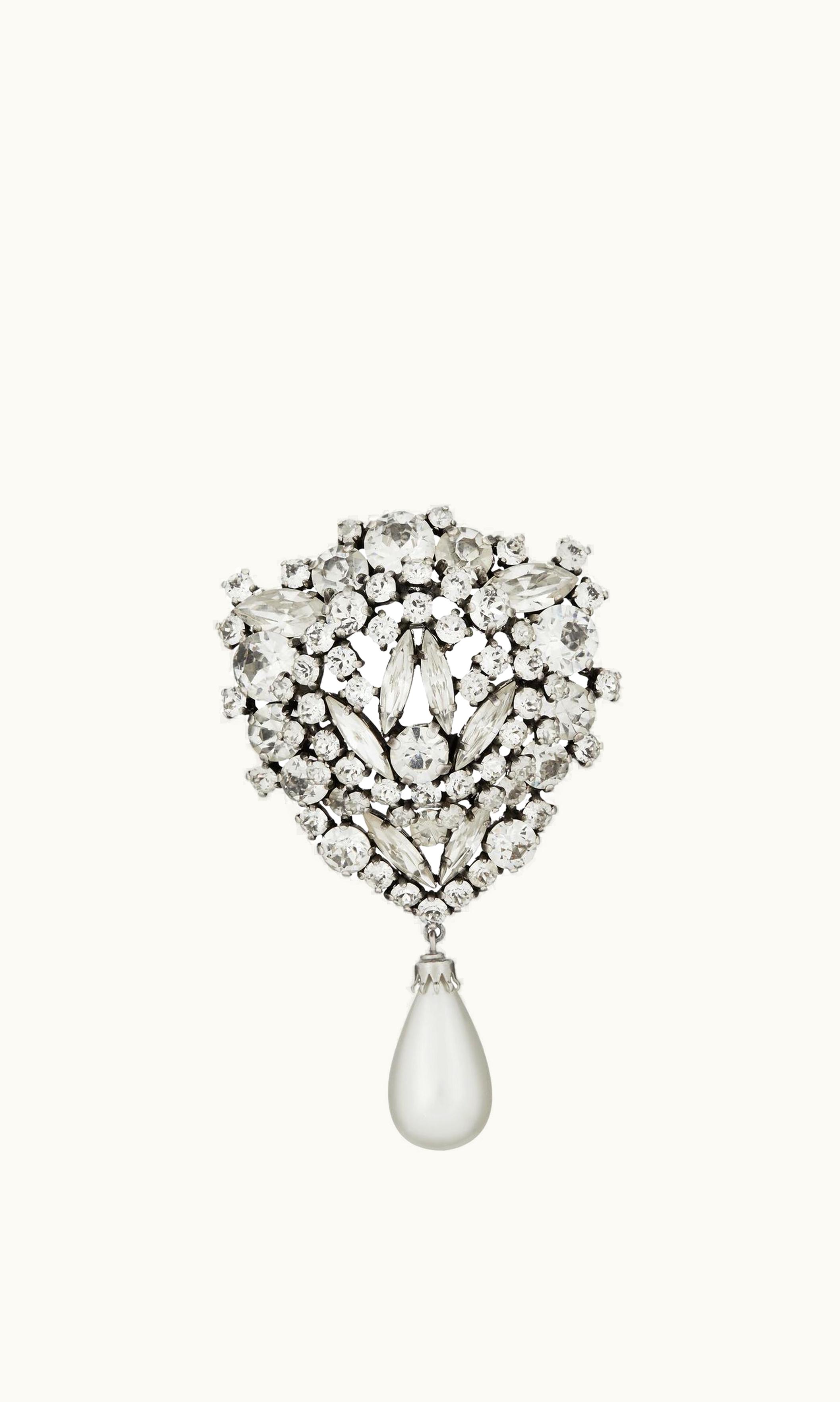 Saint Laurent Saint Laurent Rhinestone And Pearl Shield Brooch In Metal