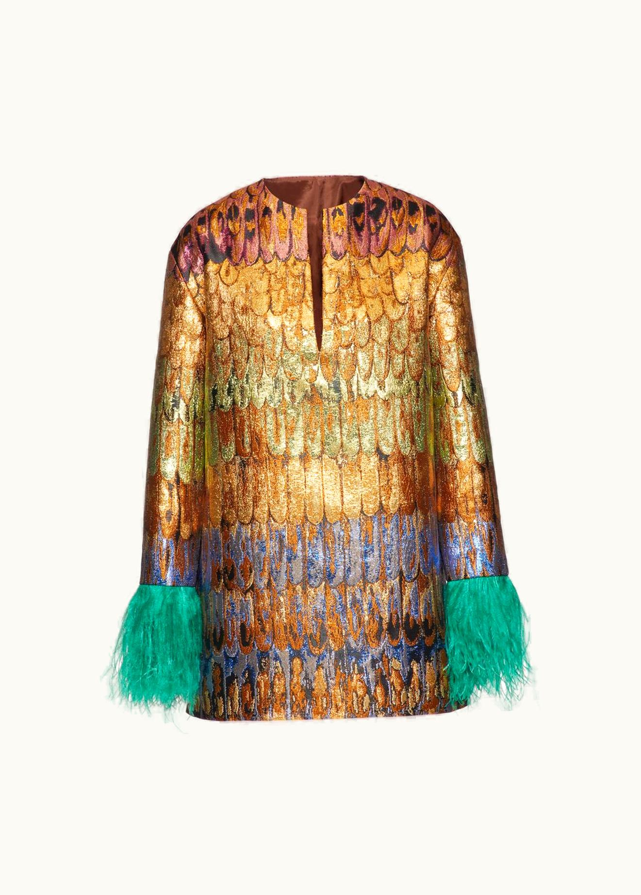 Valentino Valentino Golden Wings Multicolour Brocade Kaftan Dress With Feathers