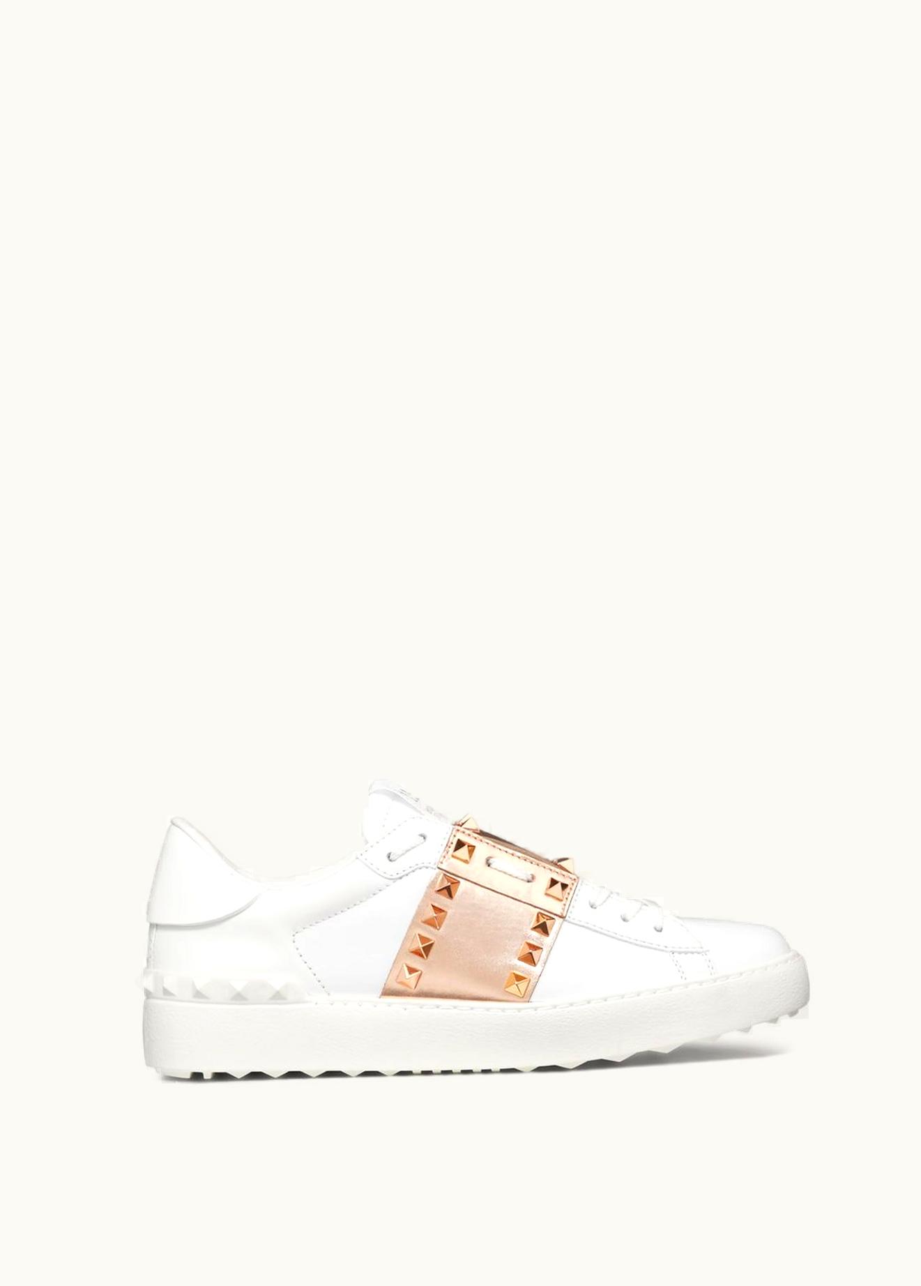 Valentino Valentino Rockstud Untitled Sneaker In Calfskin Leather With Metallic Stripe