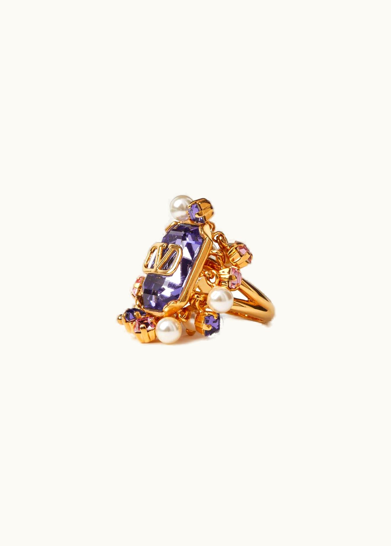Valentino Valentino Vlogo Signature Metal Ring With Pearls And Crystals