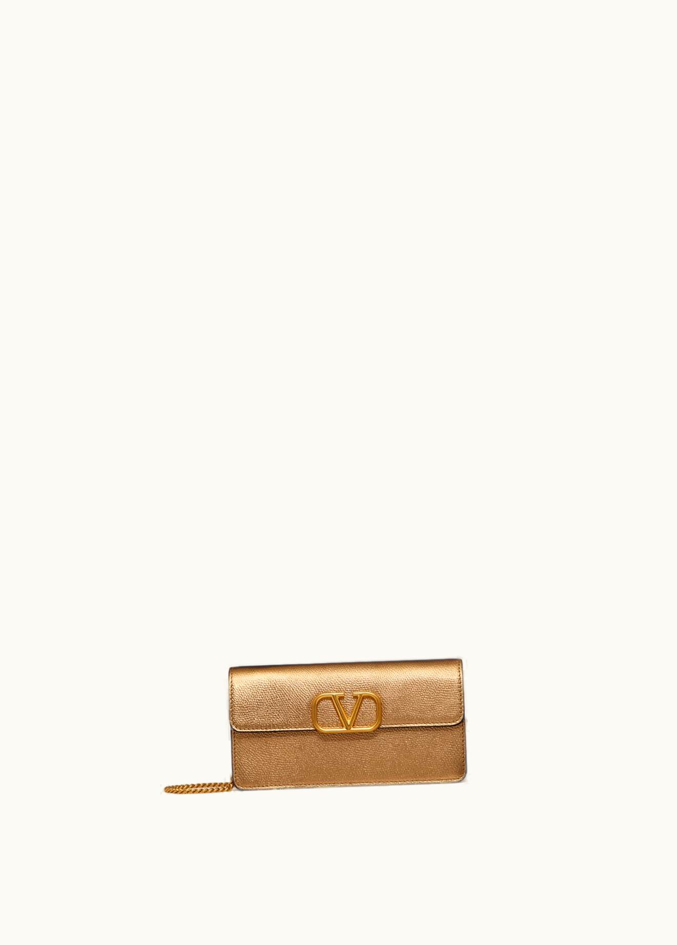 Valentino Valentino Vlogo Signature Metallic Grainy Calfskin Wallet With Chain