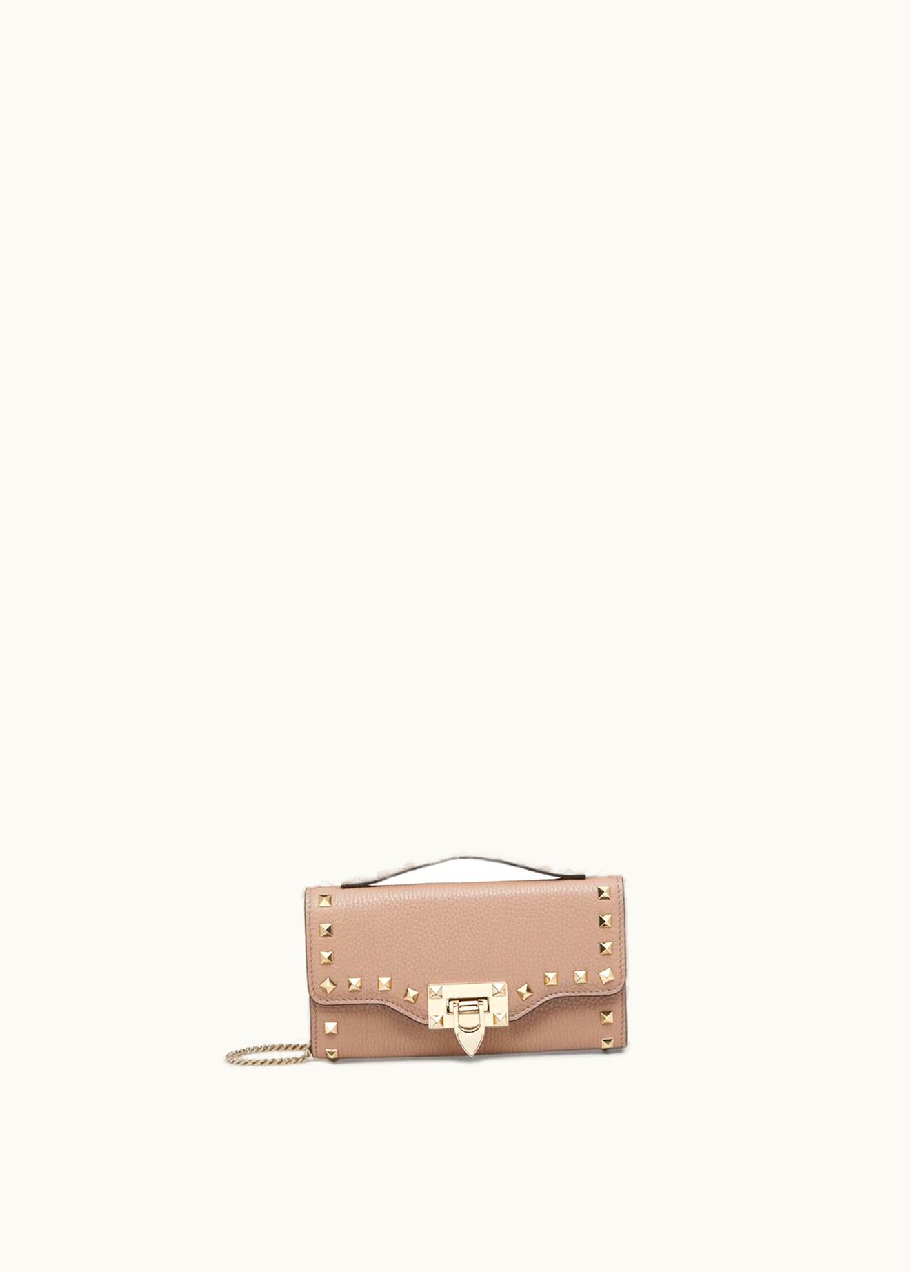 Valentino Valentino Rockstud Grainy Calfskin Wallet With Chain Strap