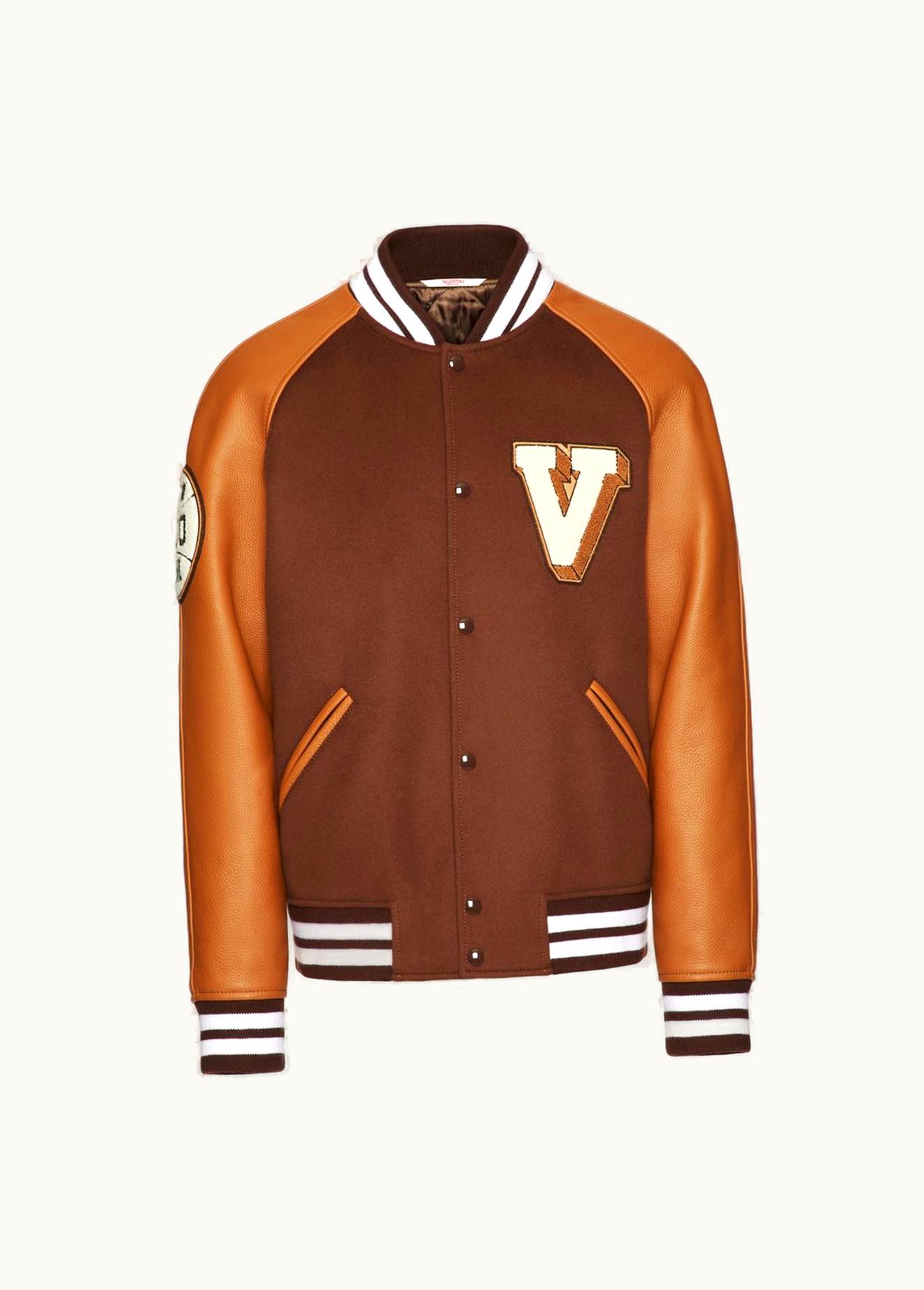 Valentino Valentino Wool Cloth Bomber Jacket With Leather Sleeves And Embroidered Patches