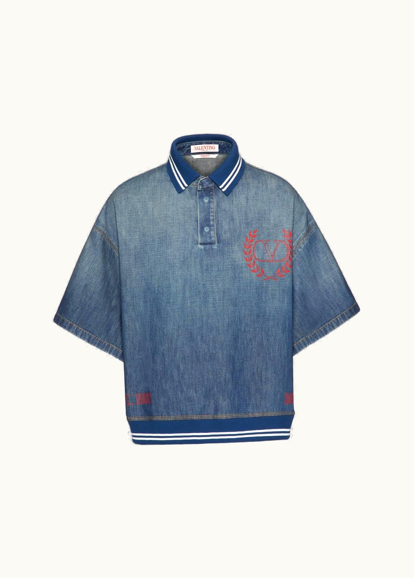 Valentino Valentino Denim Chambray Polo Shirt With Maison Valentino Print