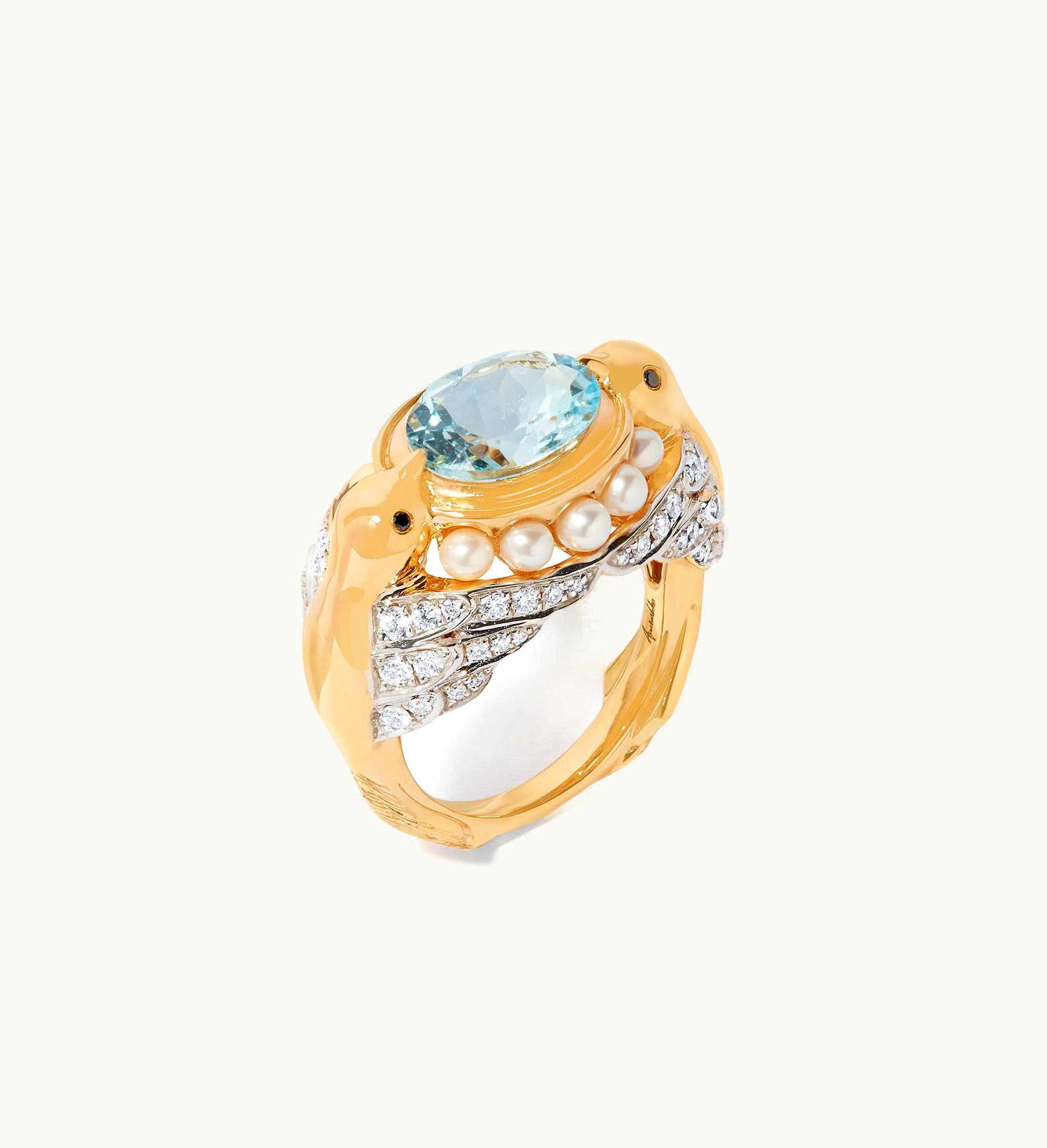 Annoushka Annoushka 18Ct Gold Aquamarine Diamond Lovebirds Ring