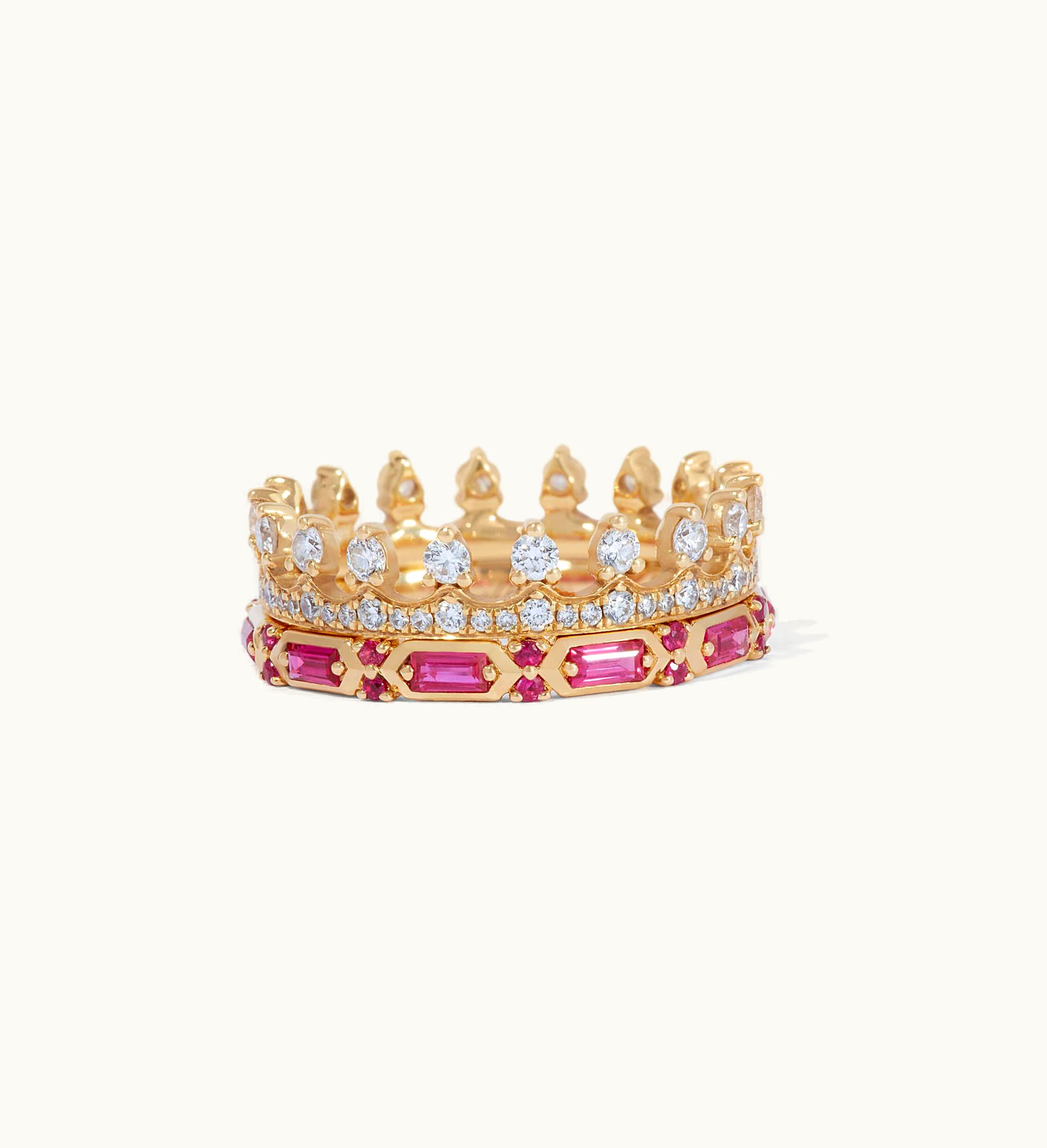 Annoushka Annoushka 18Ct Gold Pink Sapphire Crown Baguette Ring Stack
