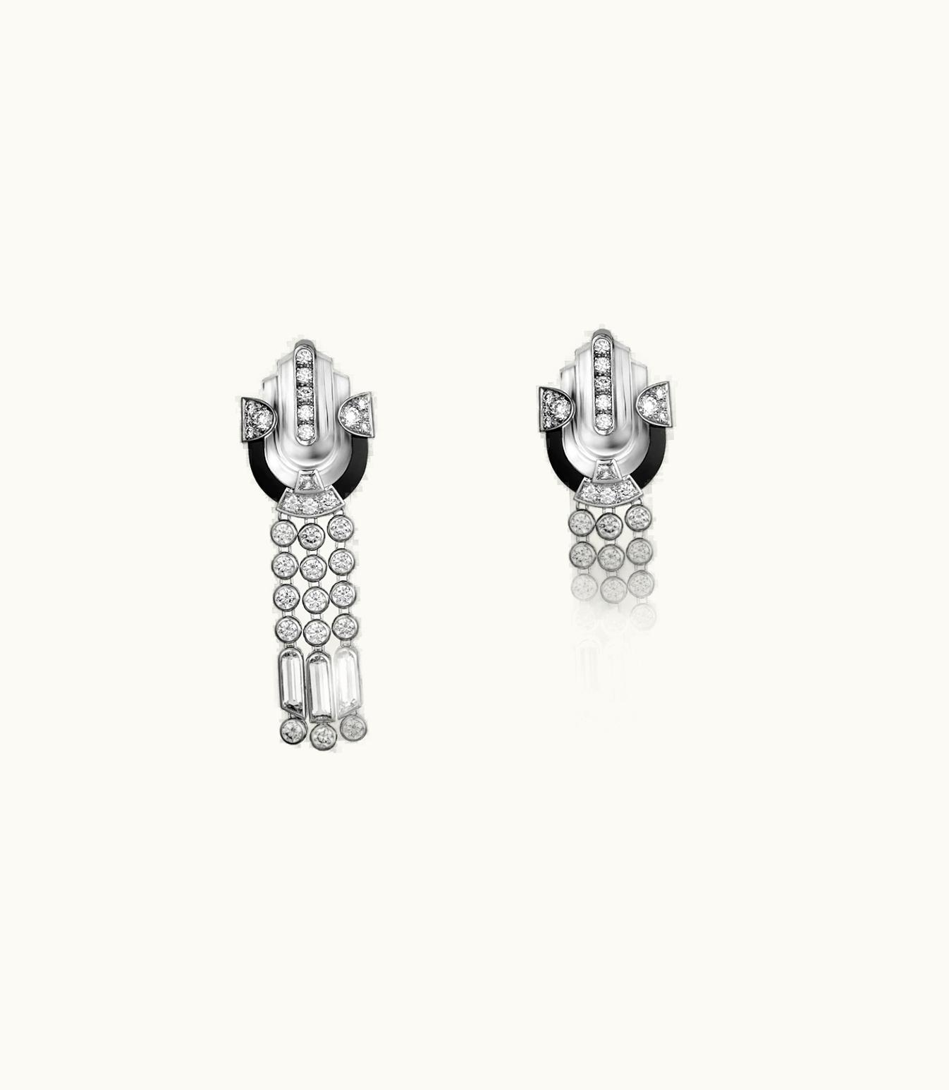 Cartier Cartier Art Déco-Inspired Earrings, White Gold, Rock Crystal, Onyx, Each Set With One Trapezoid-Shaped Diamond
