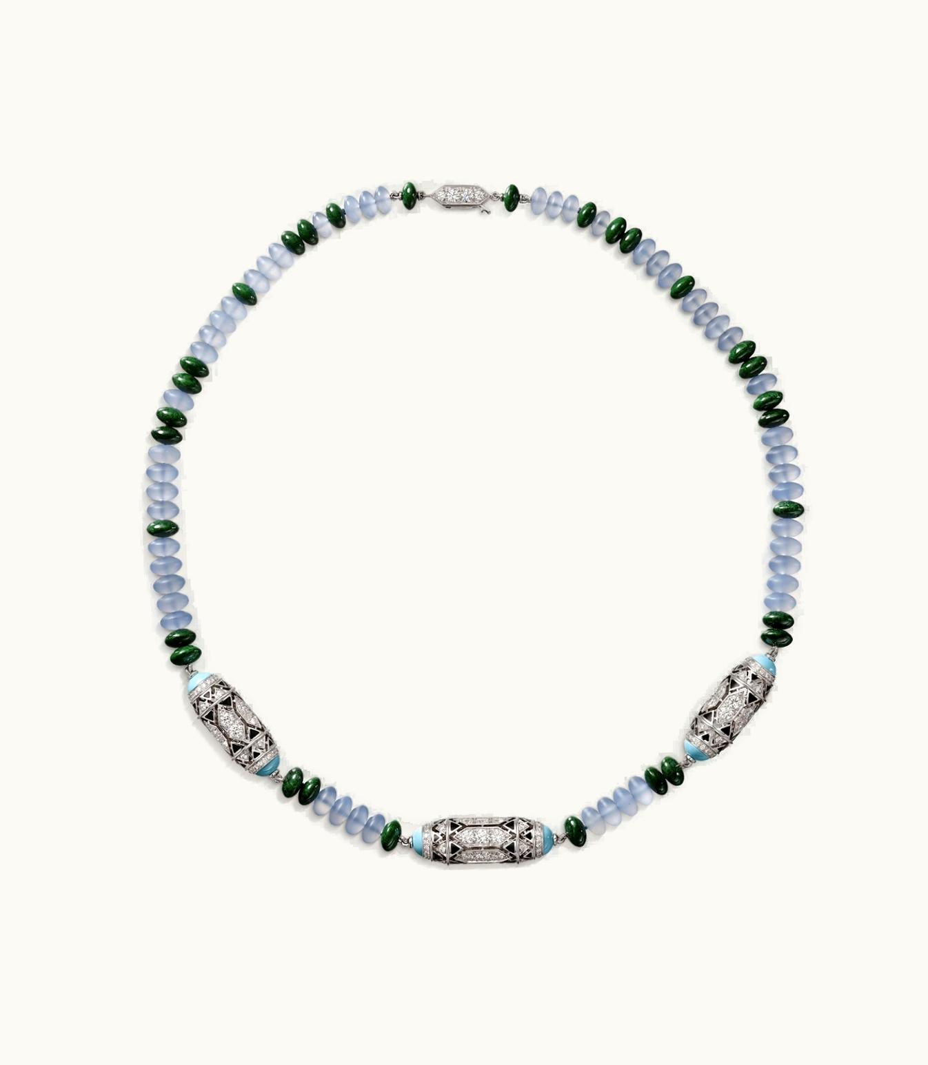 Cartier Cartier Art-Déco Inspired Necklace, White Gold, Chalcedony, Skarn, Turquoise, Black Lacquer, 194 Brilliant-Cut Diamonds