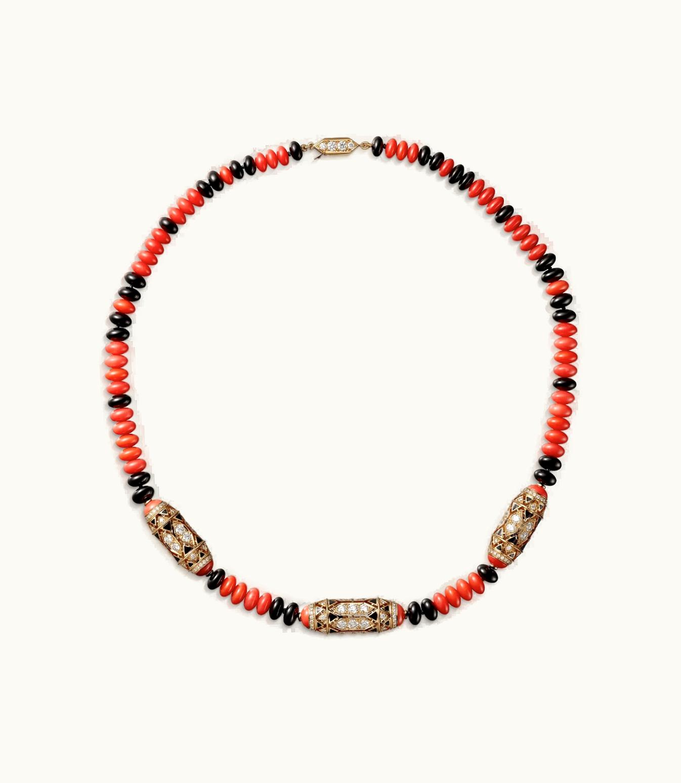 Cartier Cartier Art-Deco Inspired Necklace, Rose Gold, Coral, Onyx, Black Lacquer, 194 Brilliant-Cut Diamonds