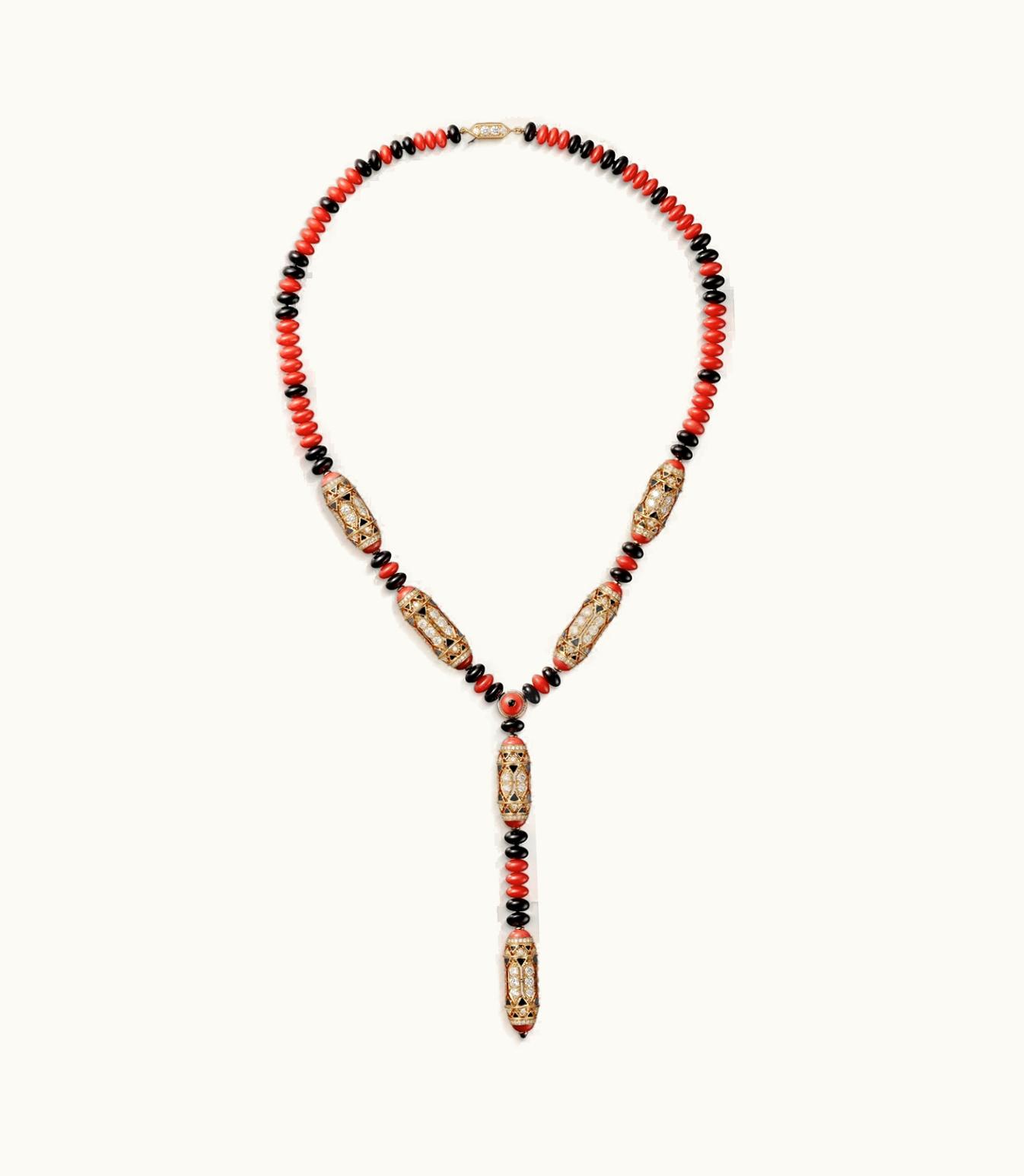 Cartier Cartier Art-Deco Inspired Necklace, Rose Gold, Coral, Onyx, Black Lacquer, 404 Brilliant-Cut Diamonds
