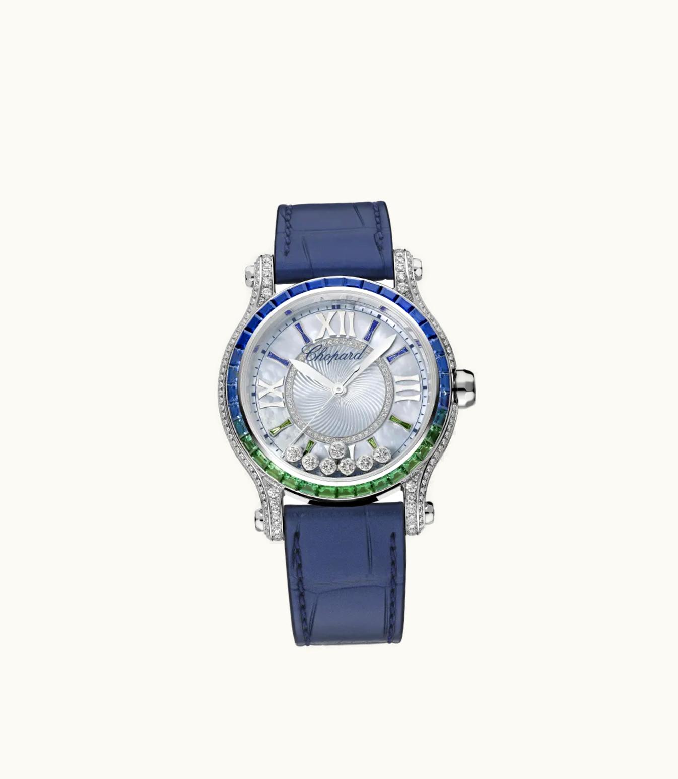 Chopard Chopard Happy Sport 36 Mm, Automatic, Ethical White Gold, Diamonds, Sapphires, Emeralds