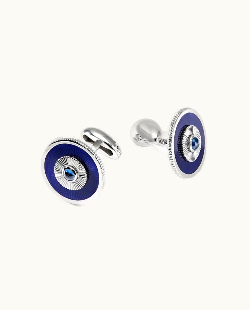 Faberge Faberge Heritage White Gold Blue Sapphire & Blue Guilloché Enamel Round Cufflinks