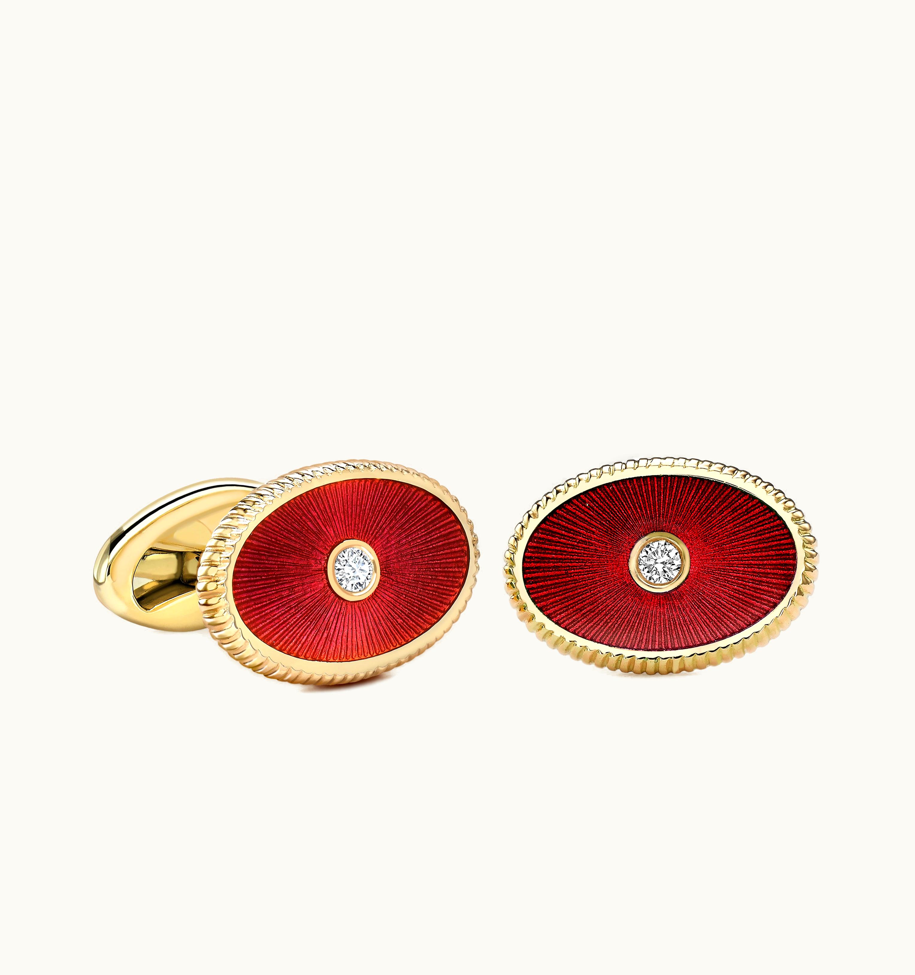 Faberge Faberge Heritage Rose Gold Diamond & Red Guilloché Enamel Oval Cufflinks