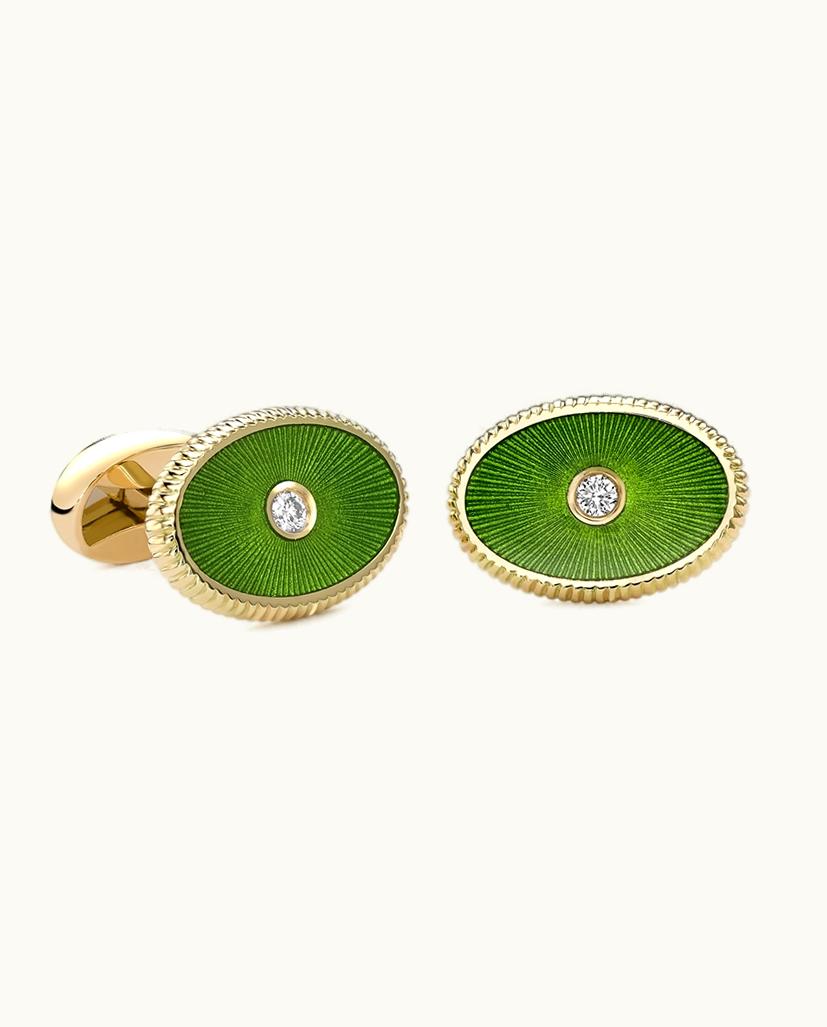 Faberge Faberge Heritage Yellow Gold Diamond & Green Guilloché Enamel Oval Cufflinks