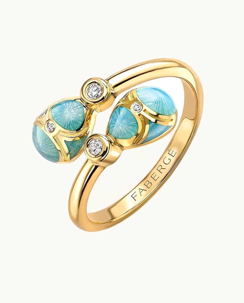 Faberge Faberge Heritage Yellow Gold Diamond & Turquoise Guilloché Enamel Crossover Ring