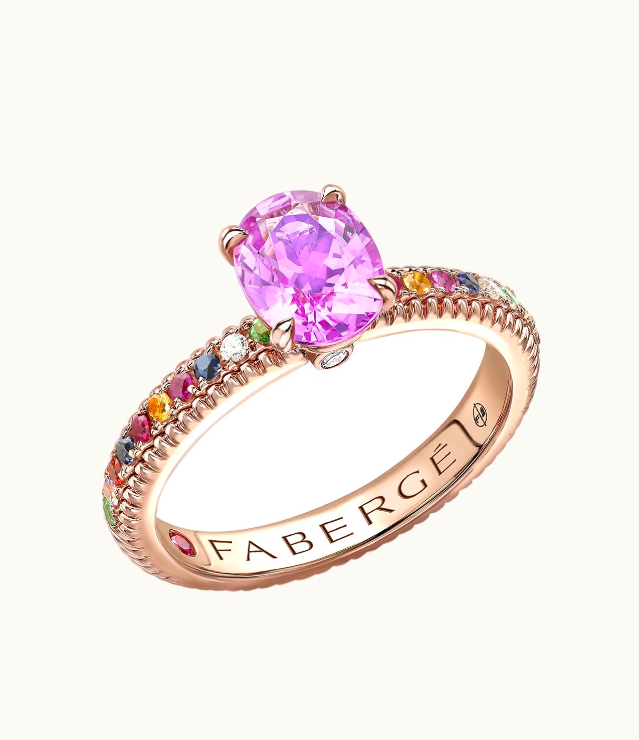 Faberge Faberge Colours Of Love Rose Gold Oval Pink Sapphire Fluted Ring With Multicoloured Gemstone Shoulders