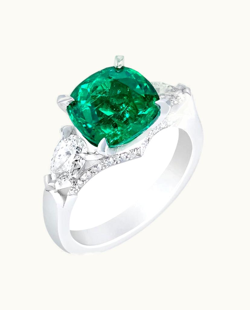 Faberge Faberge Colours Of Love Platinum 3.36Ct Emerald Cushion Cut Ring Set With Diamonds