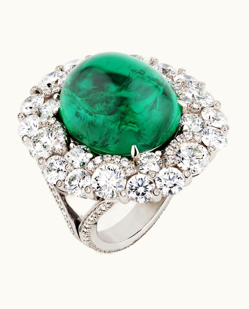 Faberge Faberge Colours Of Love Platinum Cabochon Emerald Halo Ring Set With Diamonds