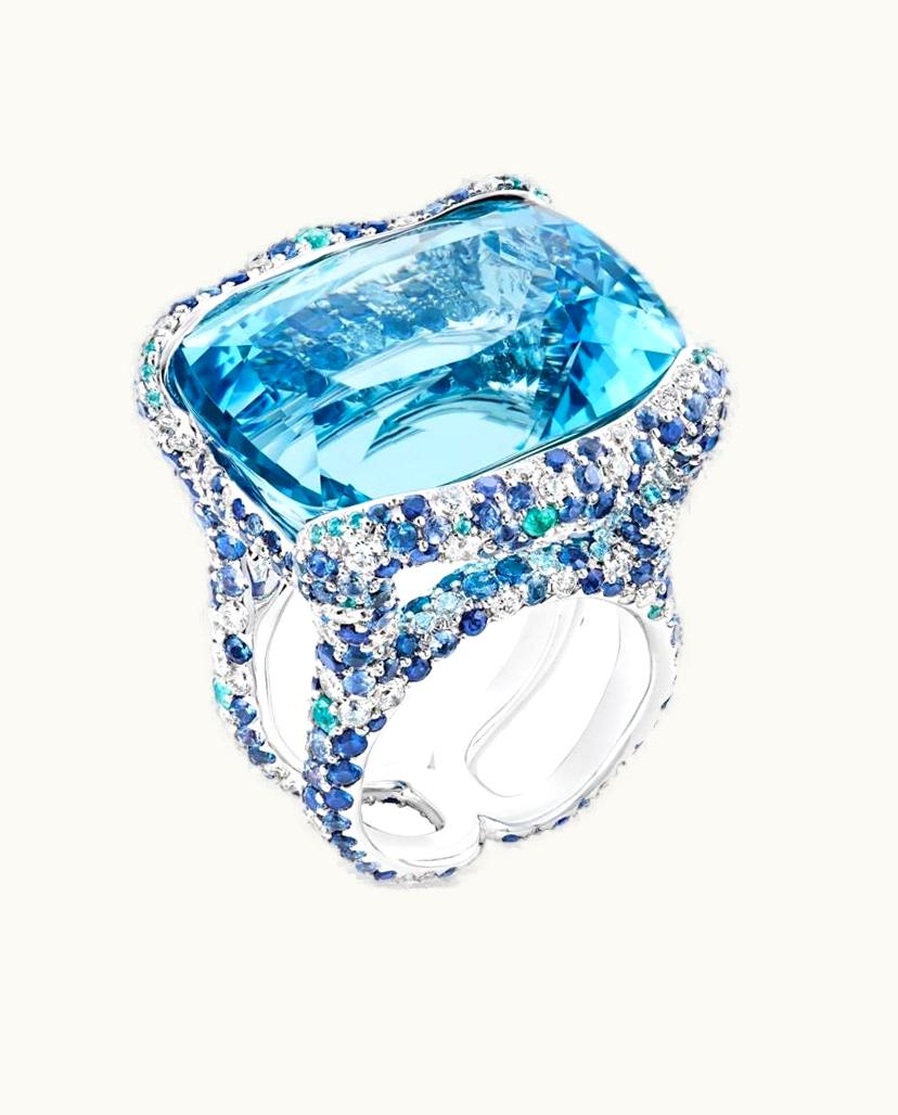 Faberge Faberge Emotion Katharina White Gold 39.70Ct Aquamarine Ring With Diamonds & Blue Gemstones