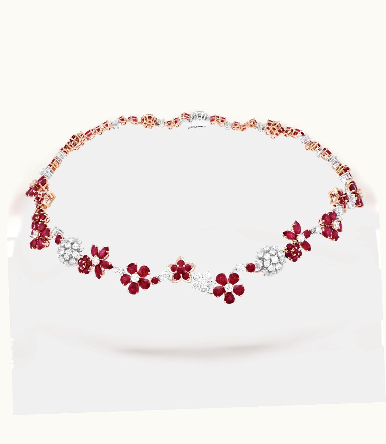 Van Cleef & Arpels Folie Des Prés Necklace. Rhodium Plated 18k White Gold, 18k Rose Gold, Rubies, Diamonds
