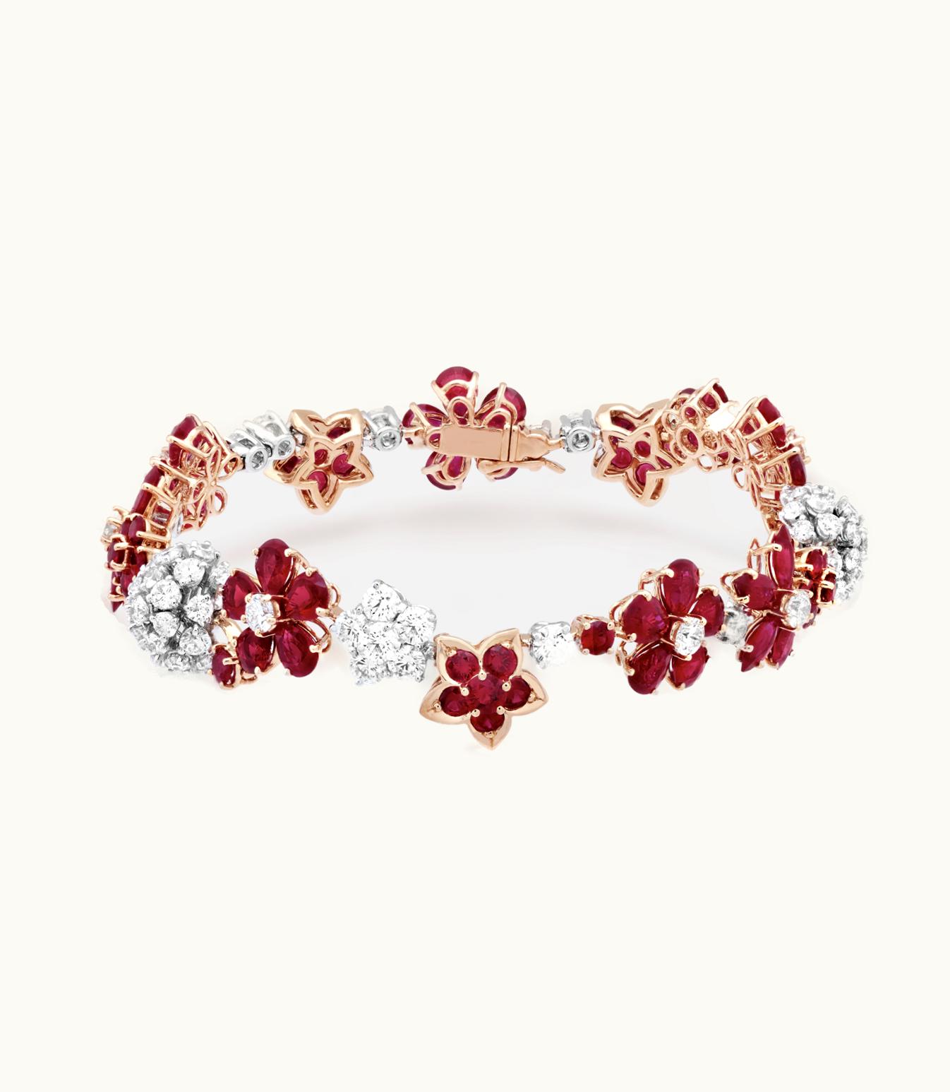 Van Cleef & Arpels Folie Des Prés Bracelet. Rhodium Plated 18k White Gold, 18k Rose Gold, Rubies, Diamonds