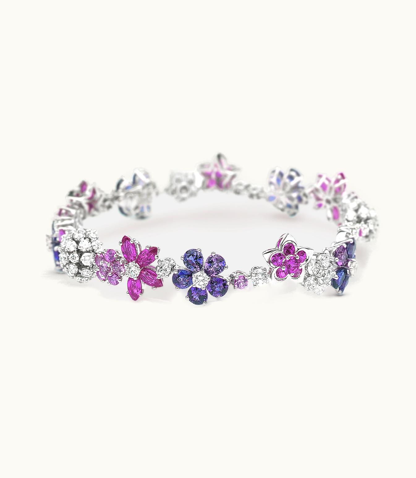 Van Cleef & Arpels Folie Des Prés Bracelet. Rhodium Plated 18k White Gold, Pink and Mauve Sapphires, Diamonds