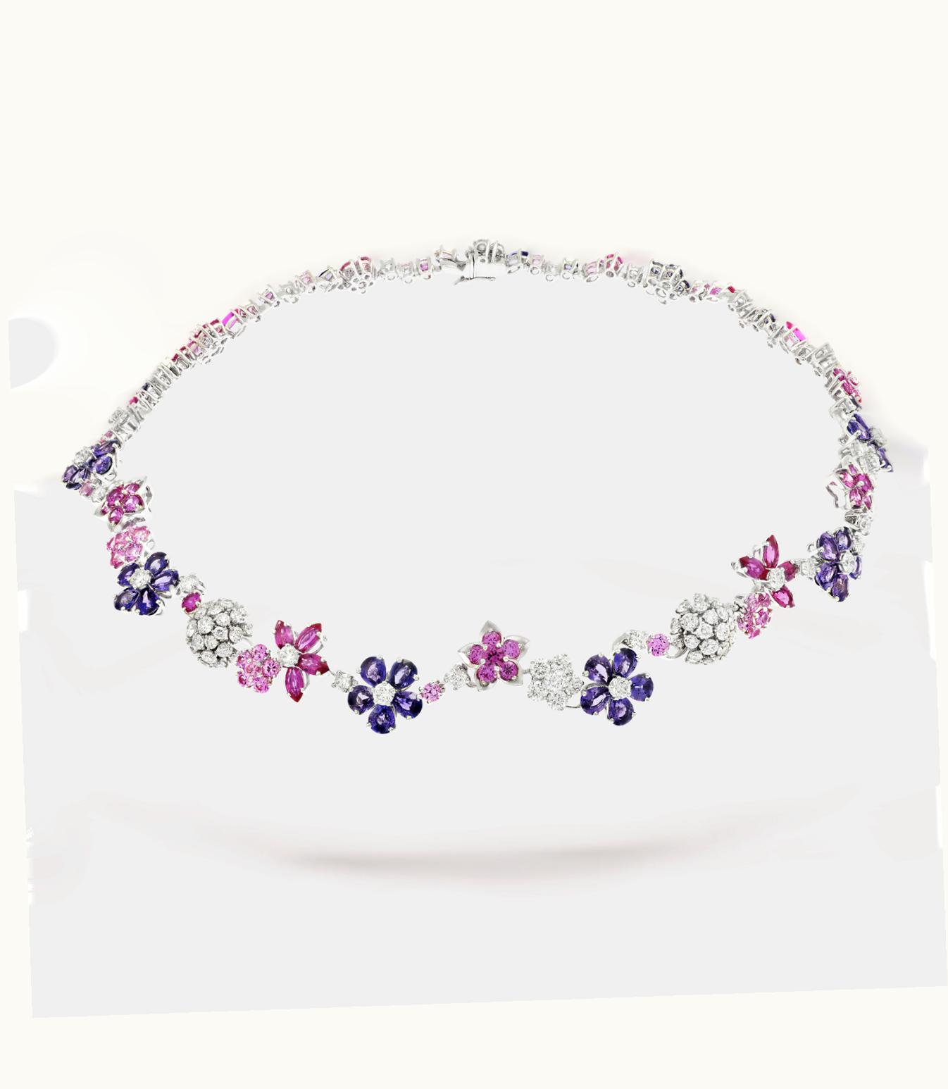 Van Cleef & Arpels Folie Des Prés Necklace. Rhodium Plated 18k White Gold, Pink and Mauve Sapphires, Diamonds