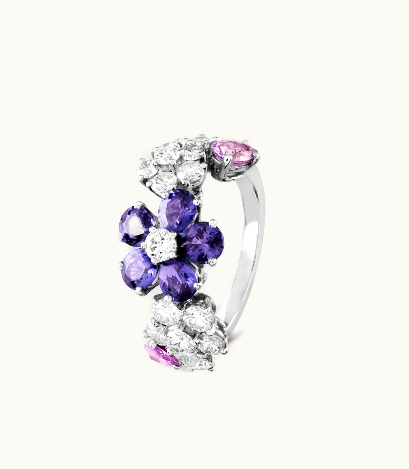 Van Cleef & Arpels Folie Des Prés Ring. Rhodium Plated 18k White Gold, Pink and Mauve Sapphires, Diamonds