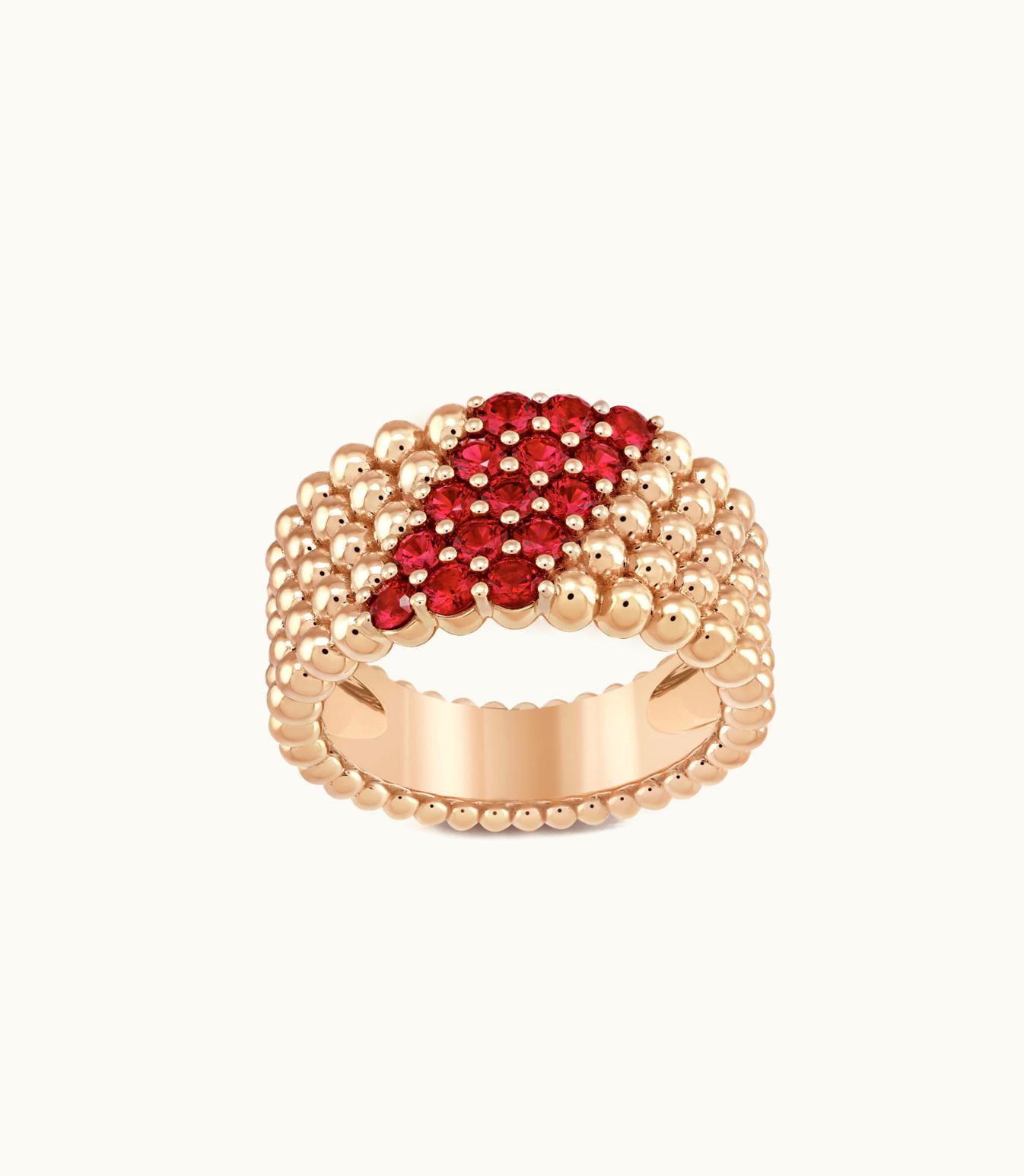 Van Cleef & Arpels Perlée Couleurs Ring, 5 Rows, 18k Rose Gold, Rubies