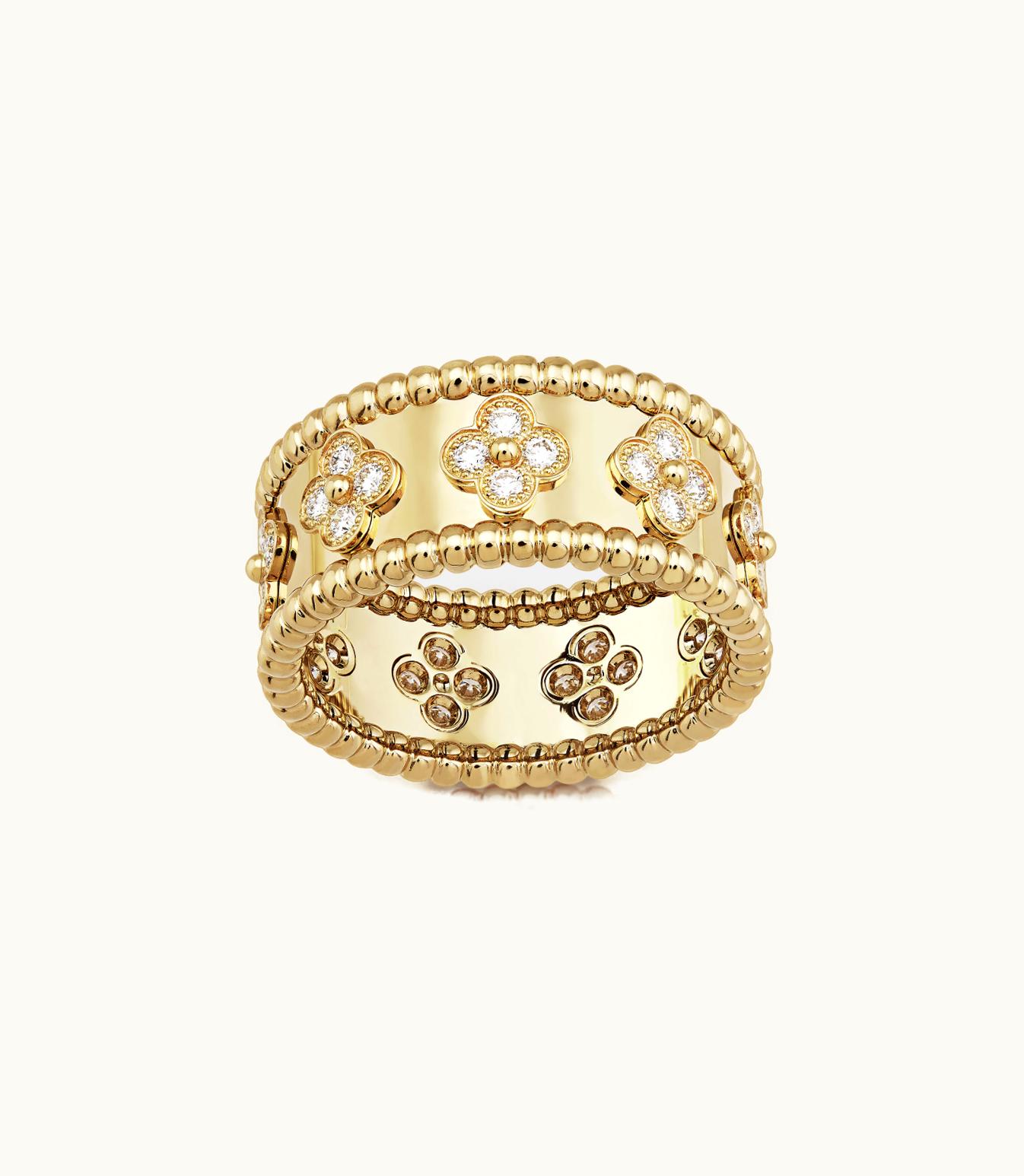 Van Cleef & Arpels Perlée Clovers Ring, 18k Yellow Gold, Diamonds, Medium Model