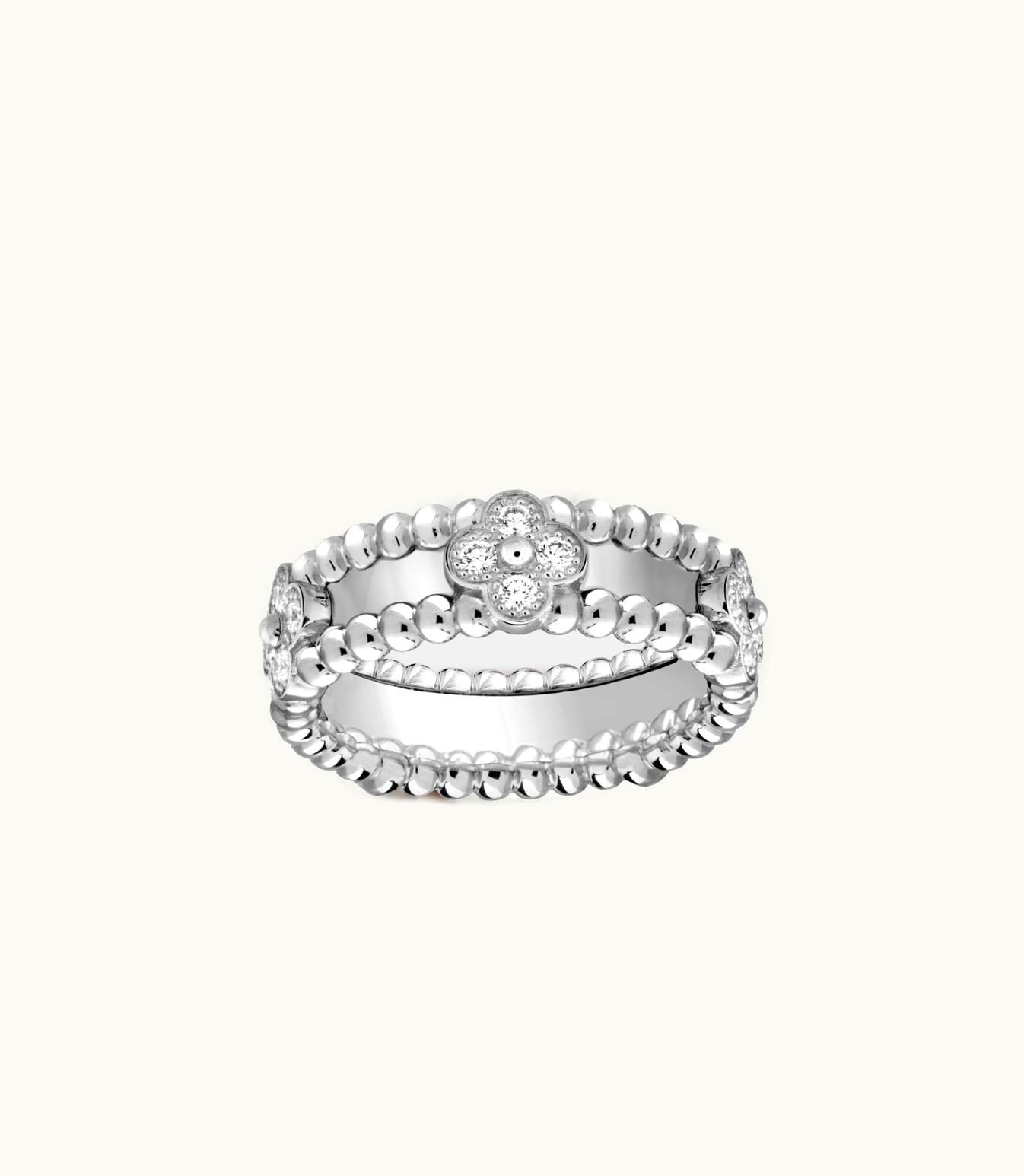Van Cleef & Arpels Perlée Sweet Clovers Ring, Rhodium Plated 18k White Gold, Diamonds