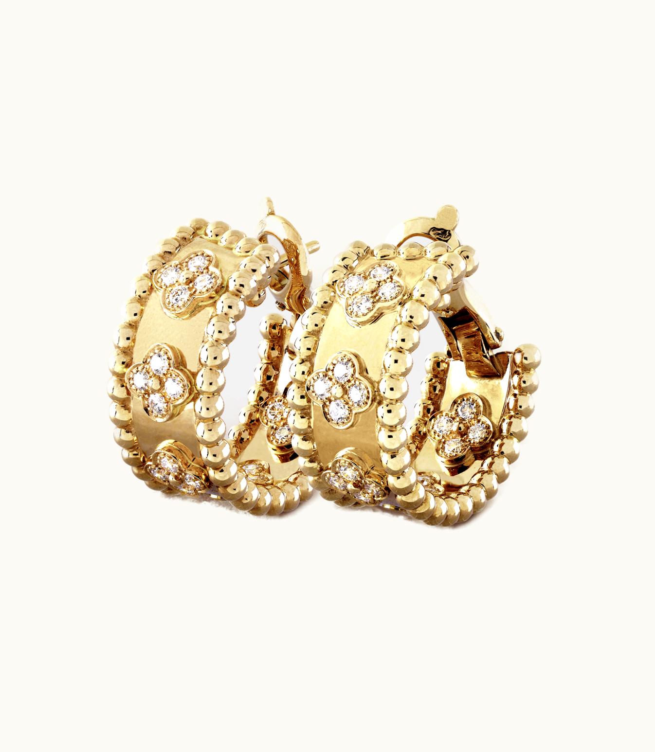 Van Cleef & Arpels Perlée Clovers Hoop Earrings, 18k Yellow Gold, Diamonds