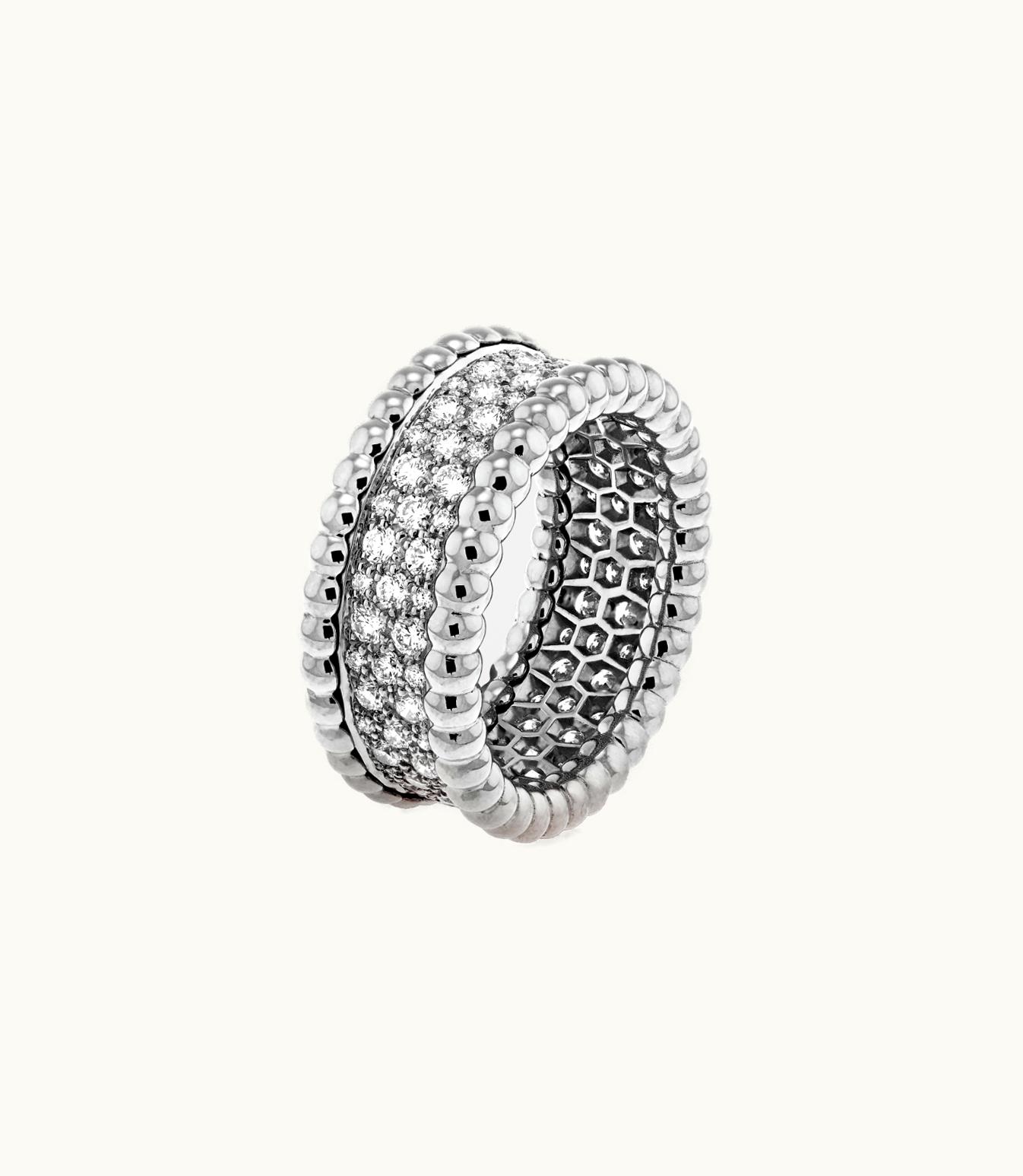 Van Cleef & Arpels Perlée Diamonds Ring, 3 Rows, Rhodium Plated 18k White Gold, Diamonds