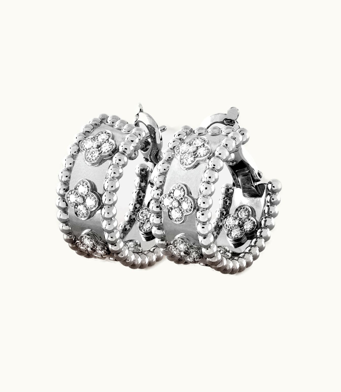 Van Cleef & Arpels Perlée Clovers Hoop Earrings, Rhodium Plated 18k White Gold, Diamonds