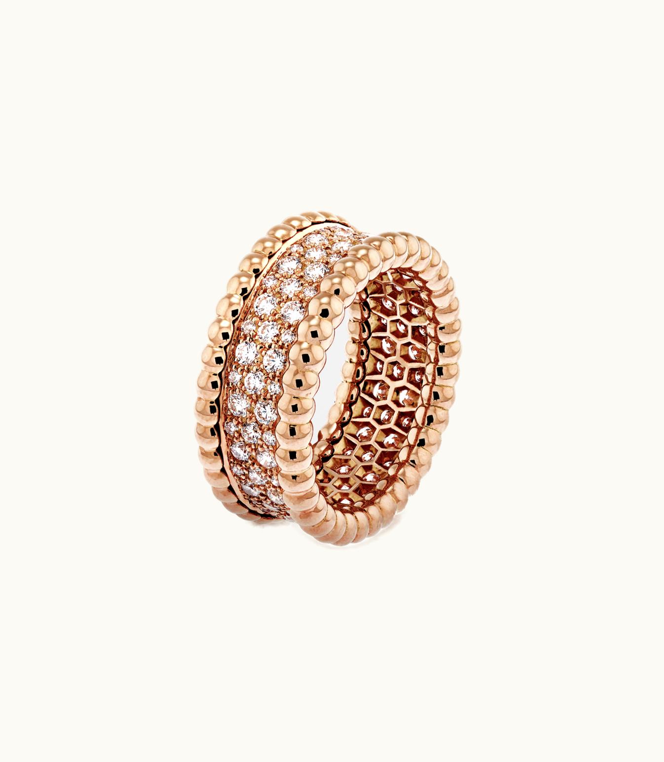 Van Cleef & Arpels Perlée Diamonds Ring, 3 Rows, 18k Rose Gold, Diamonds