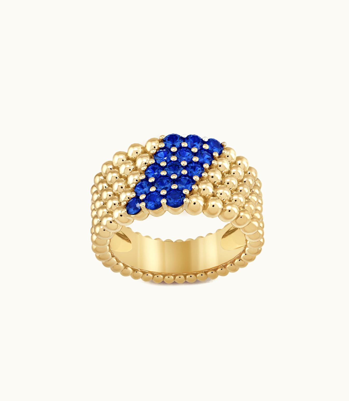 Van Cleef & Arpels Perlée Couleurs Ring, 5 Rows, 18k Yellow Gold, Sapphires