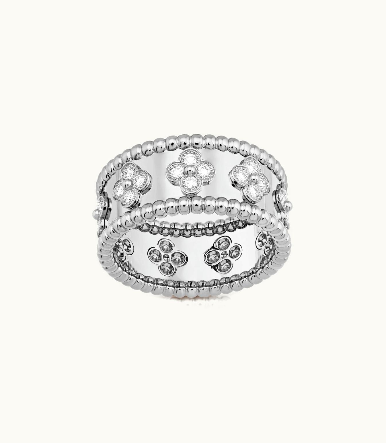 Van Cleef & Arpels Perlée Clovers Ring, Rhodium Plated 18k White Gold, Diamonds, Medium Model