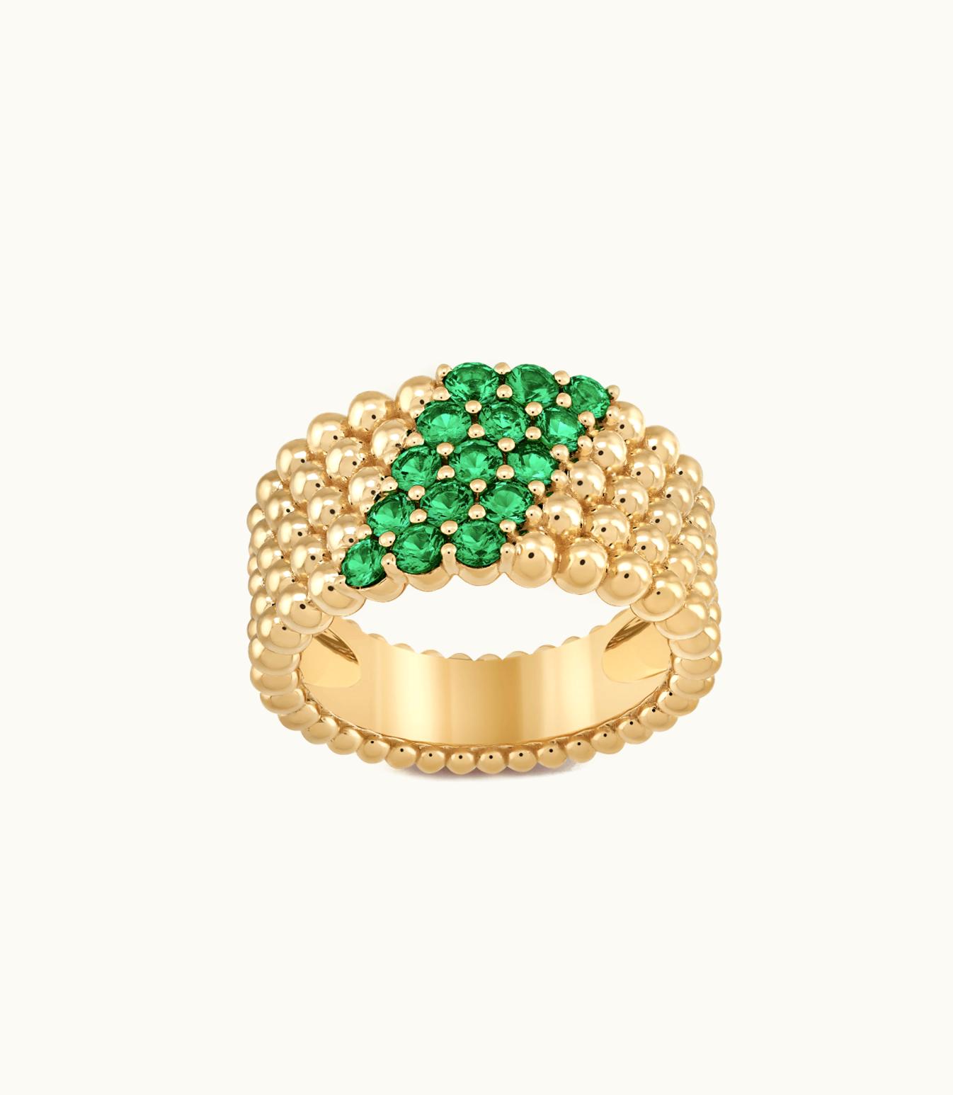 Van Cleef & Arpels Perlée Couleurs Ring, 5 Rows, 18k Yellow Gold, Emeralds
