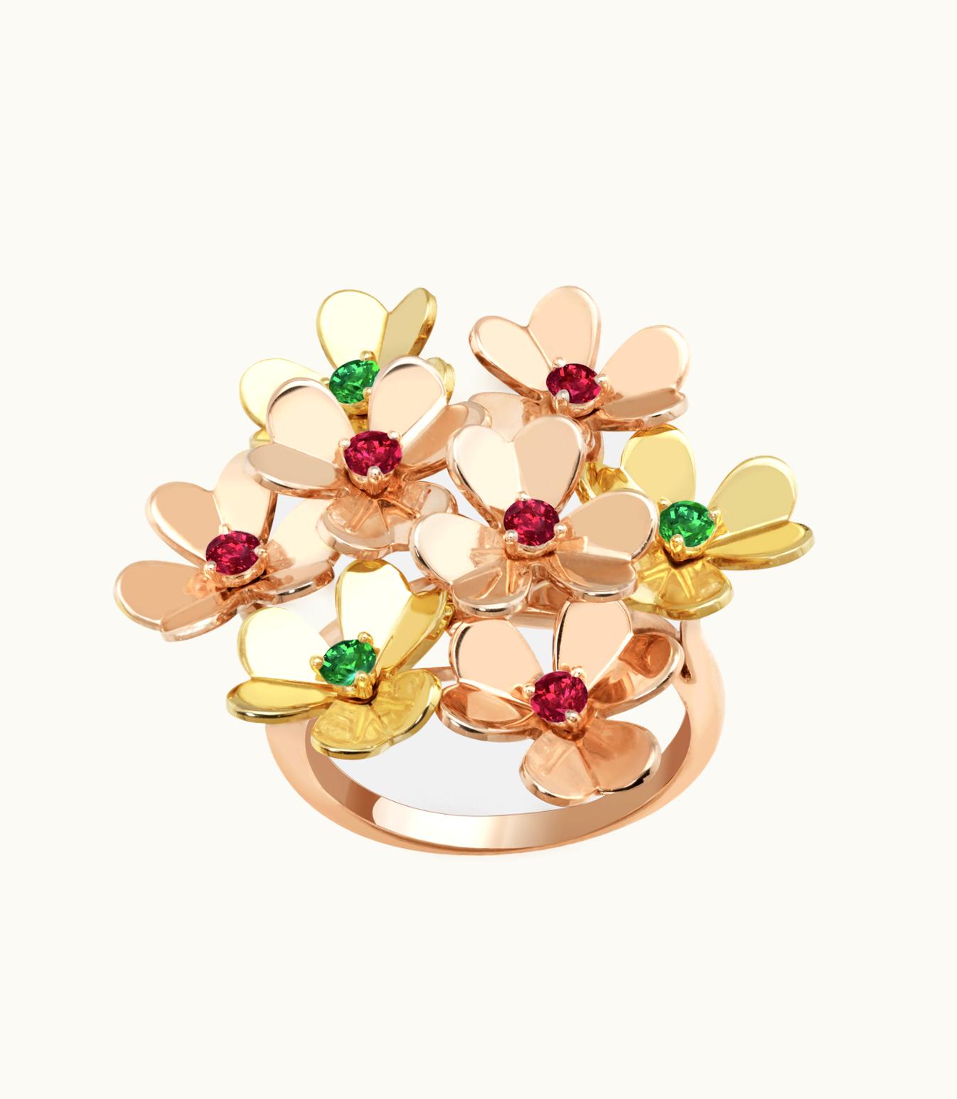 Van Cleef & Arpels Frivole Ring, 8 Flowers, 18k Rose Gold, 18k Yellow Gold, Rubies, Emeralds