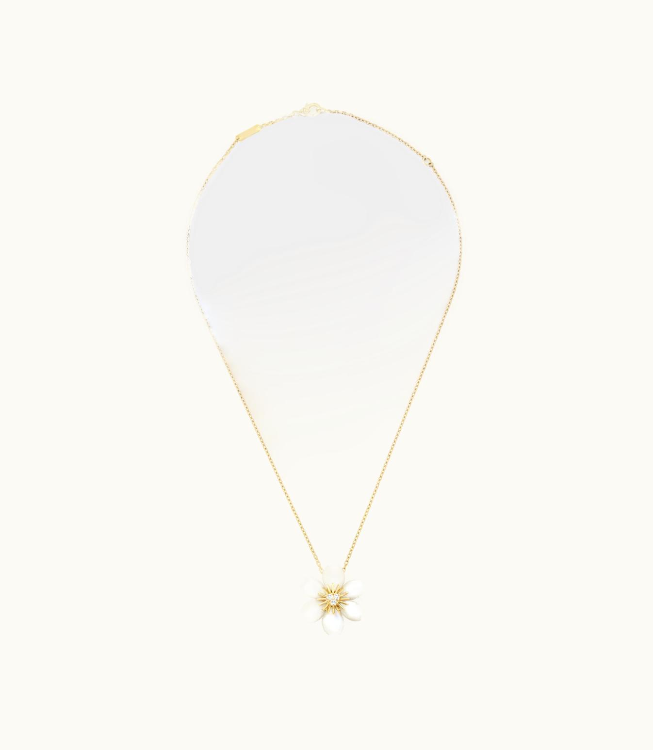 Van Cleef & Arpels Rose De Noël Pendant, Mini Model, 18k Yellow Gold, White Mother-of-pearl, Diamonds