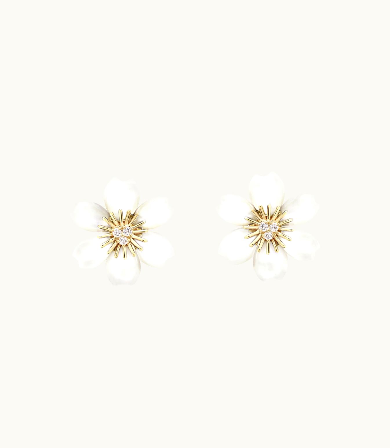 Van Cleef & Arpels Rose De Noël Earrings, Mini Model, 18k Yellow Gold, White Mother-of-pearl, Diamonds