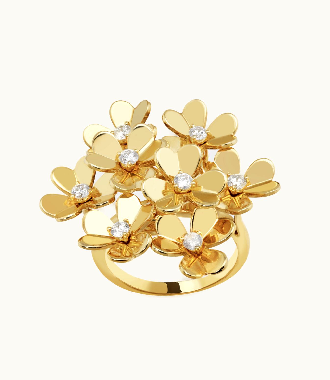 Van Cleef & Arpels Frivole Ring, 8 Flowers, 18k Yellow Gold, Diamonds