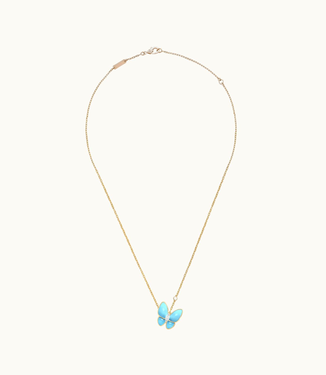Van Cleef & Arpels Two Butterfly Pendant, 18k Yellow Gold, Rhodium Plated 18k White Gold, Turquoise, Diamonds