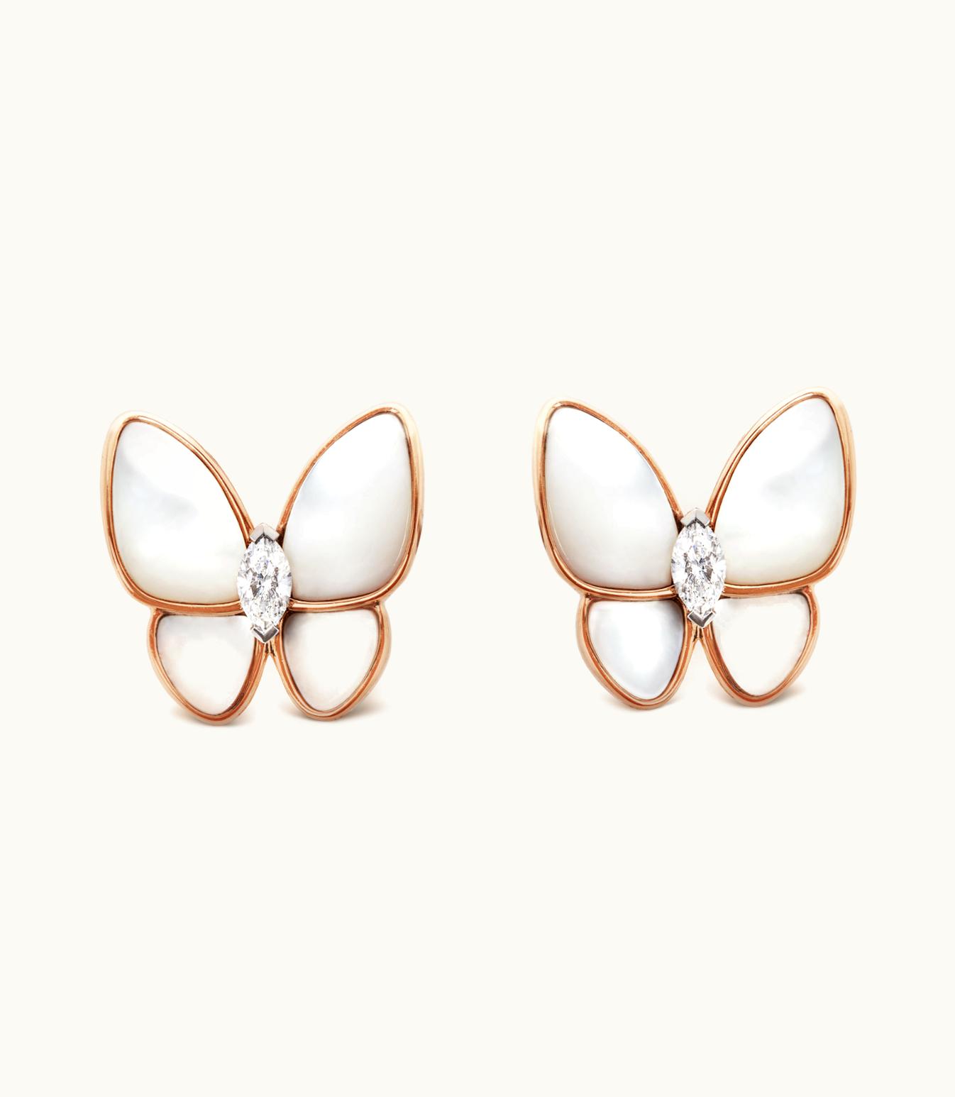 Van Cleef & Arpels Two Butterfly Earrings, 18k Rose Gold, White Mother-of Pearl, Rhodium Plated 18k White Gold, Diamonds