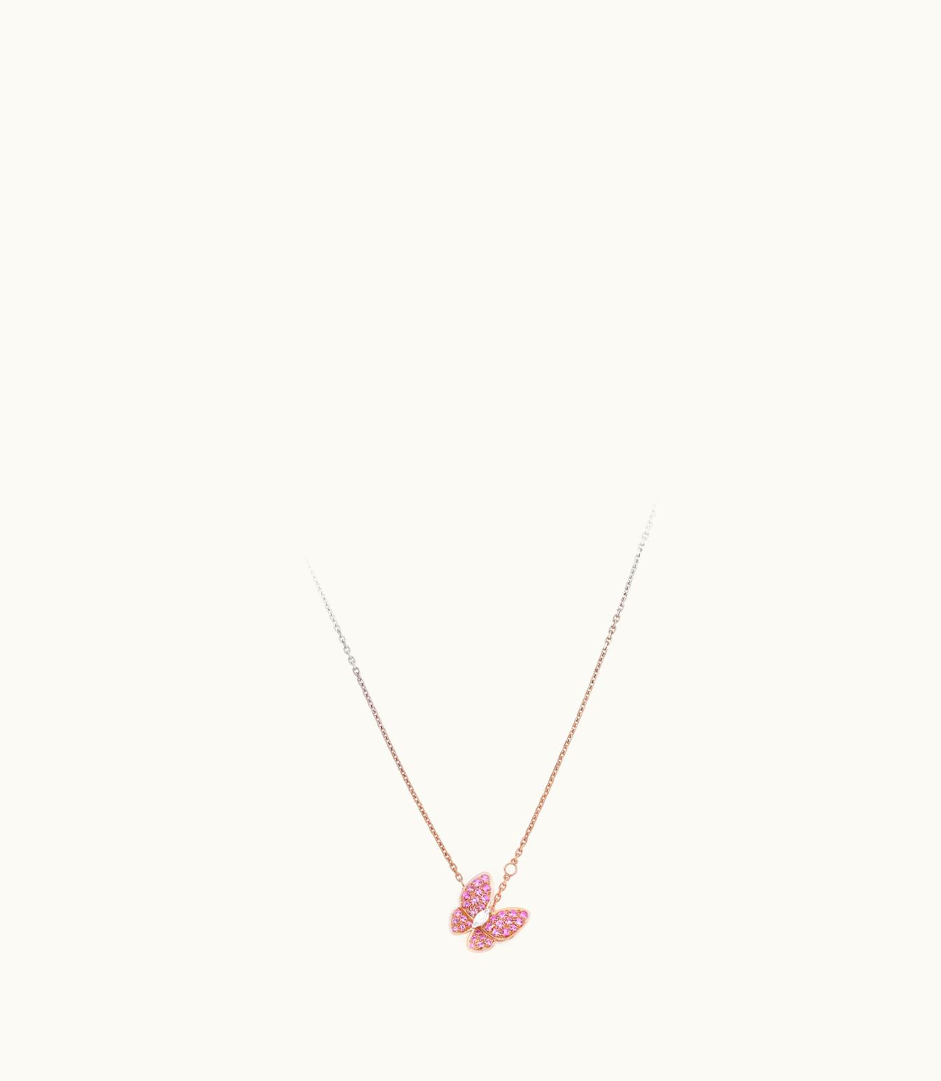 Van Cleef & Arpels Two Butterfly Pendant, 18k Rose Gold, Pink Sapphires, Rhodium Plated 18k White Gold, Diamonds